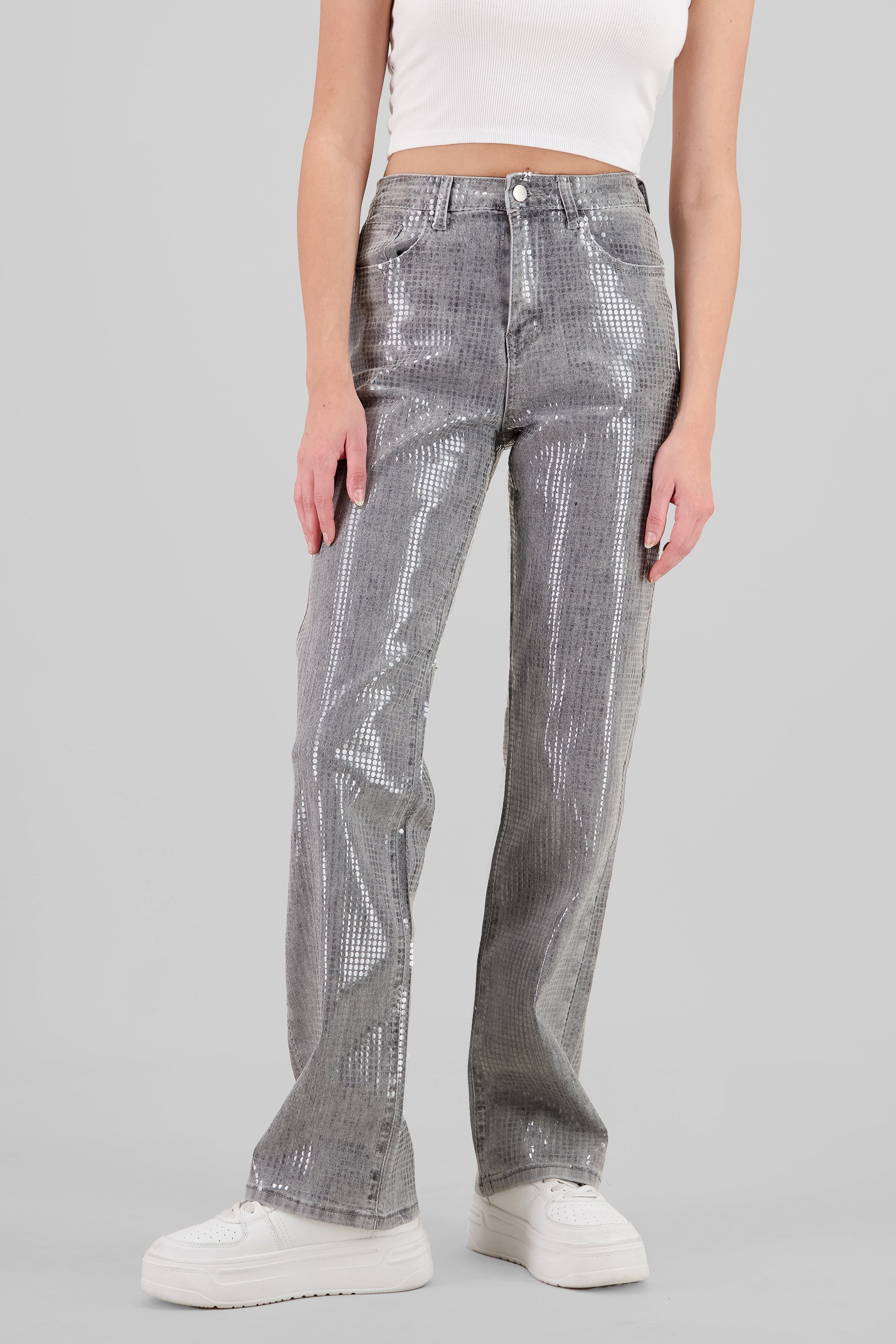 Jeans straight efecto brillo GRIS