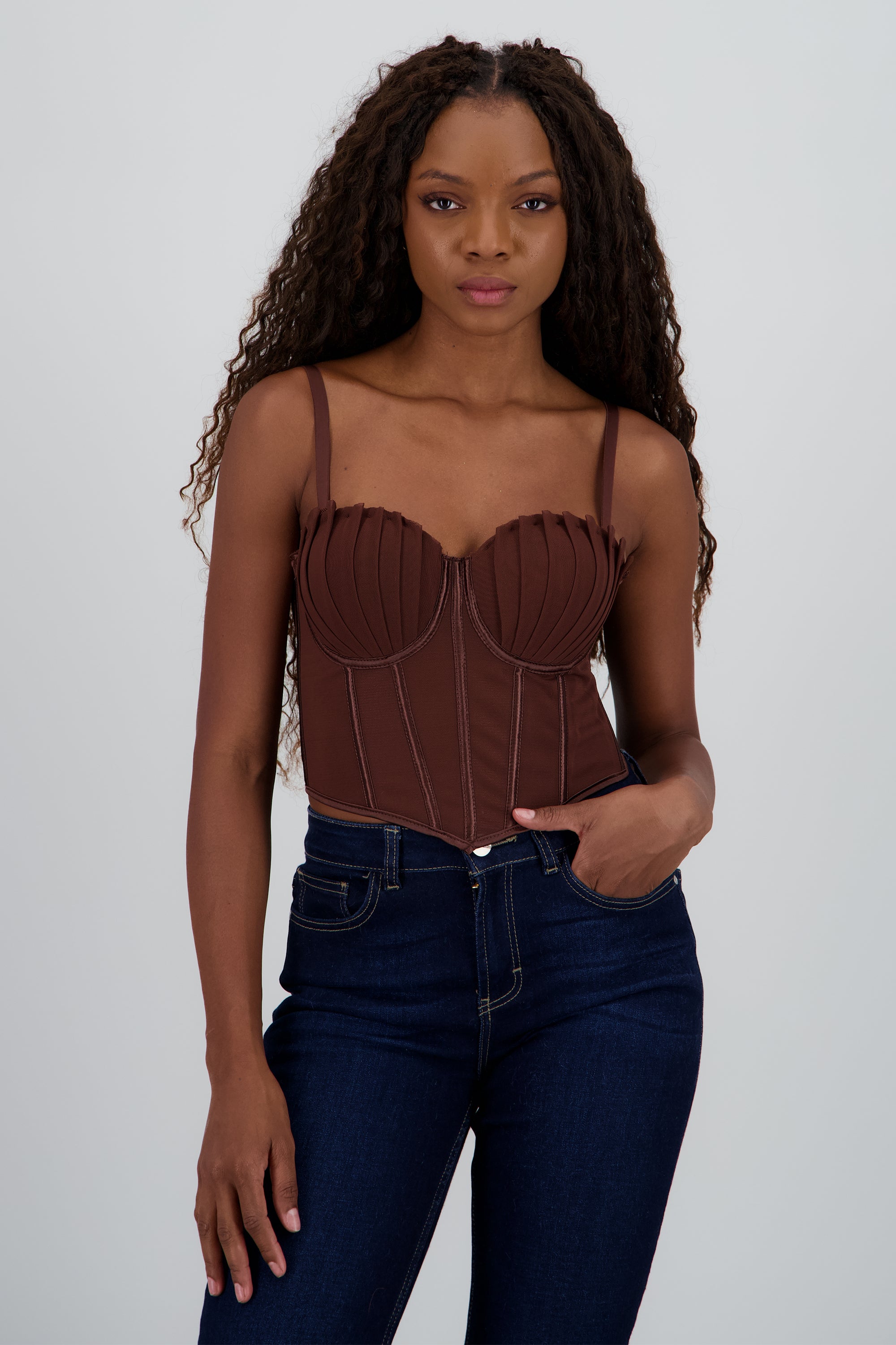 Corset varillas detalle plisado copas CHOCOLATE