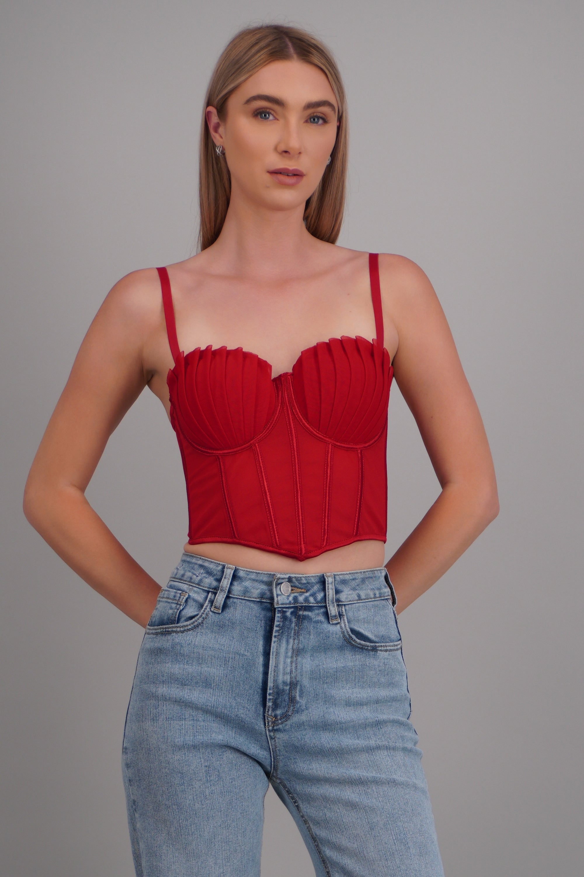 Corset varillas det plisado copas ROJO TOMATE