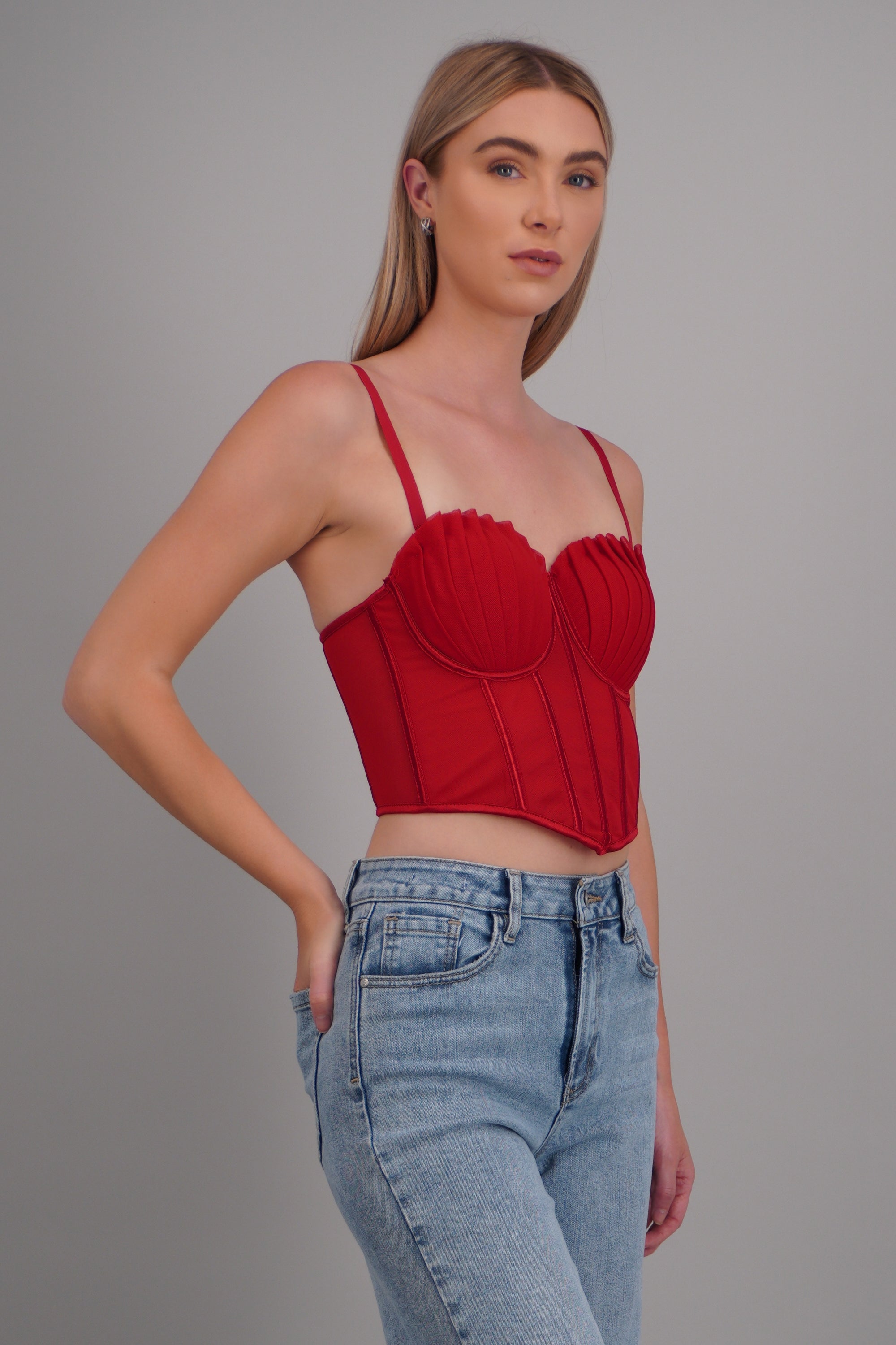 Corset varillas det plisado copas ROJO TOMATE