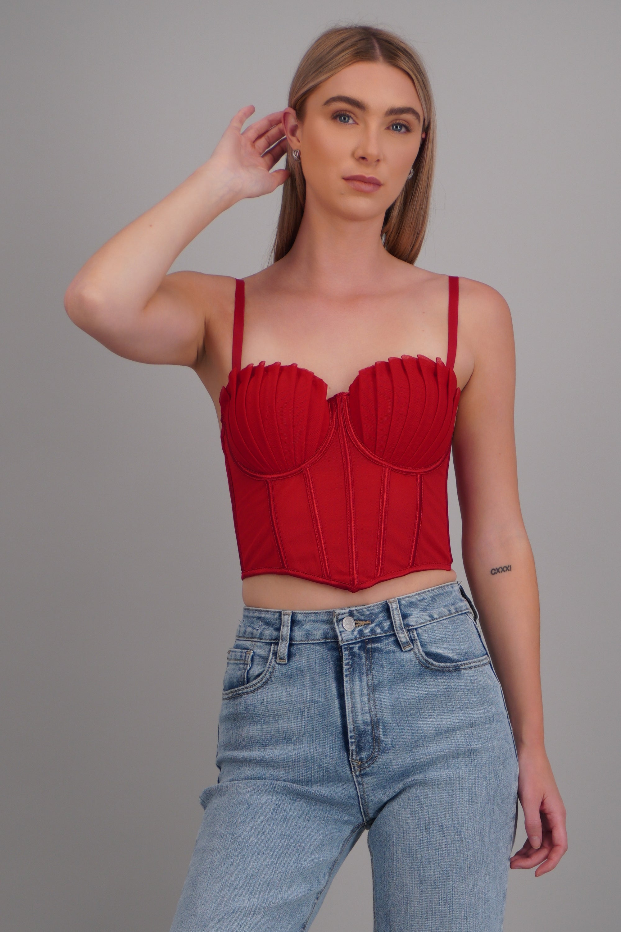 Corset varillas det plisado copas ROJO TOMATE