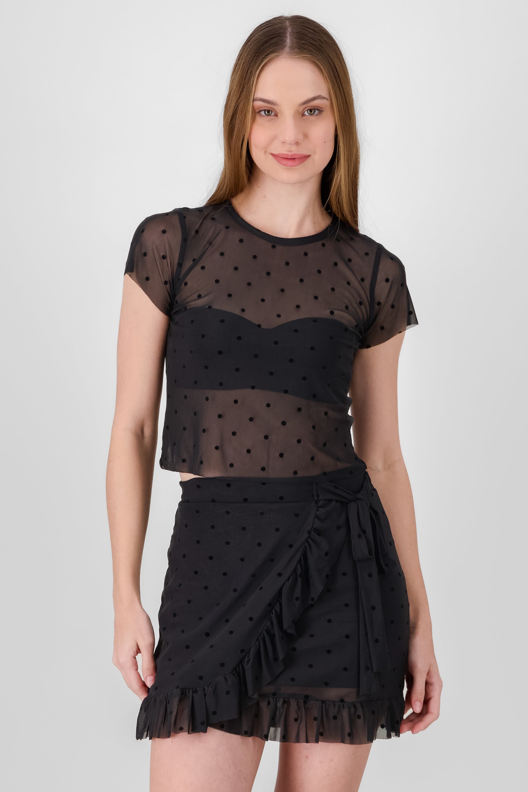 Top manga corta mesh flok NEGRO