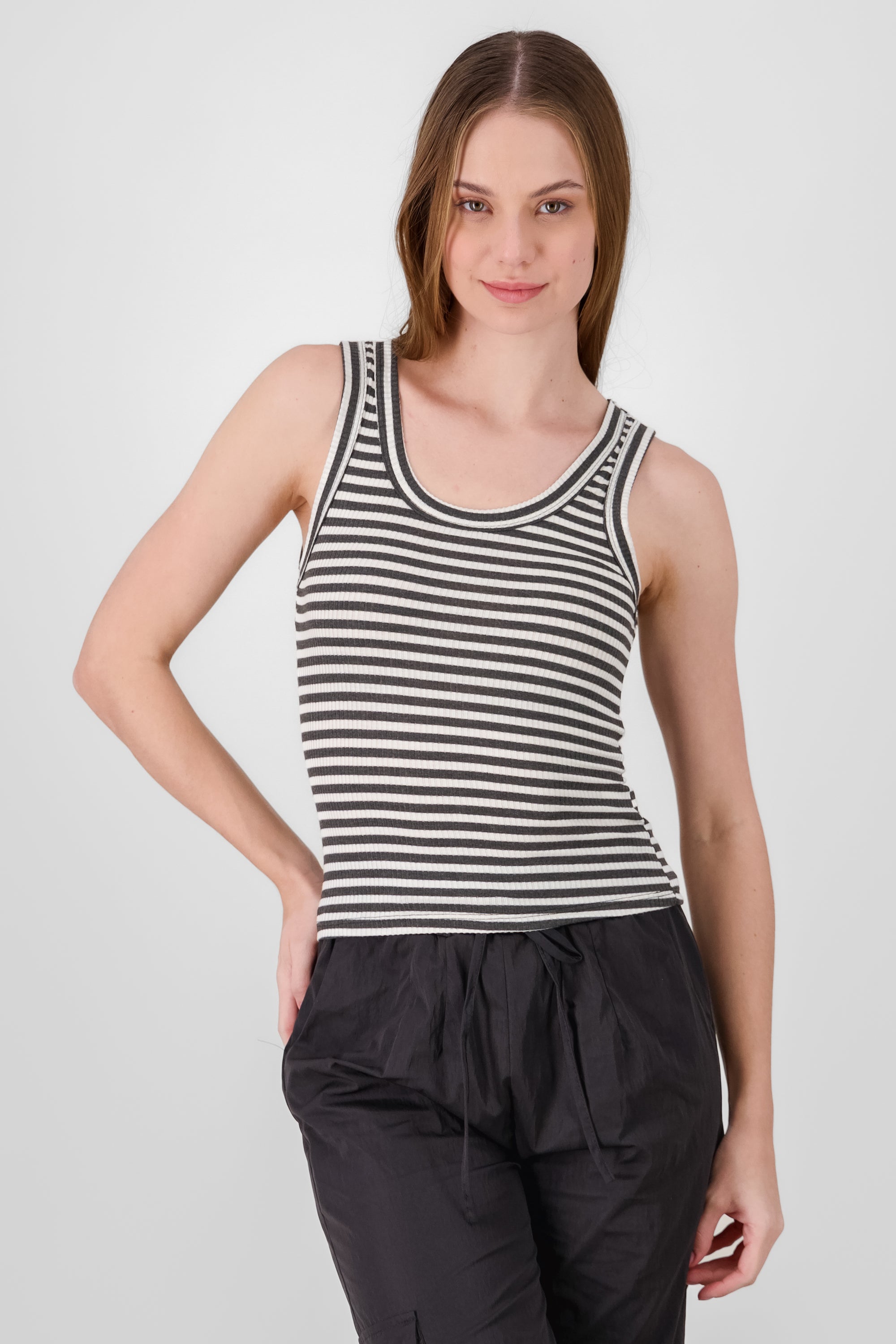 Tank top cuello redondo rayas NEGRO COMBO