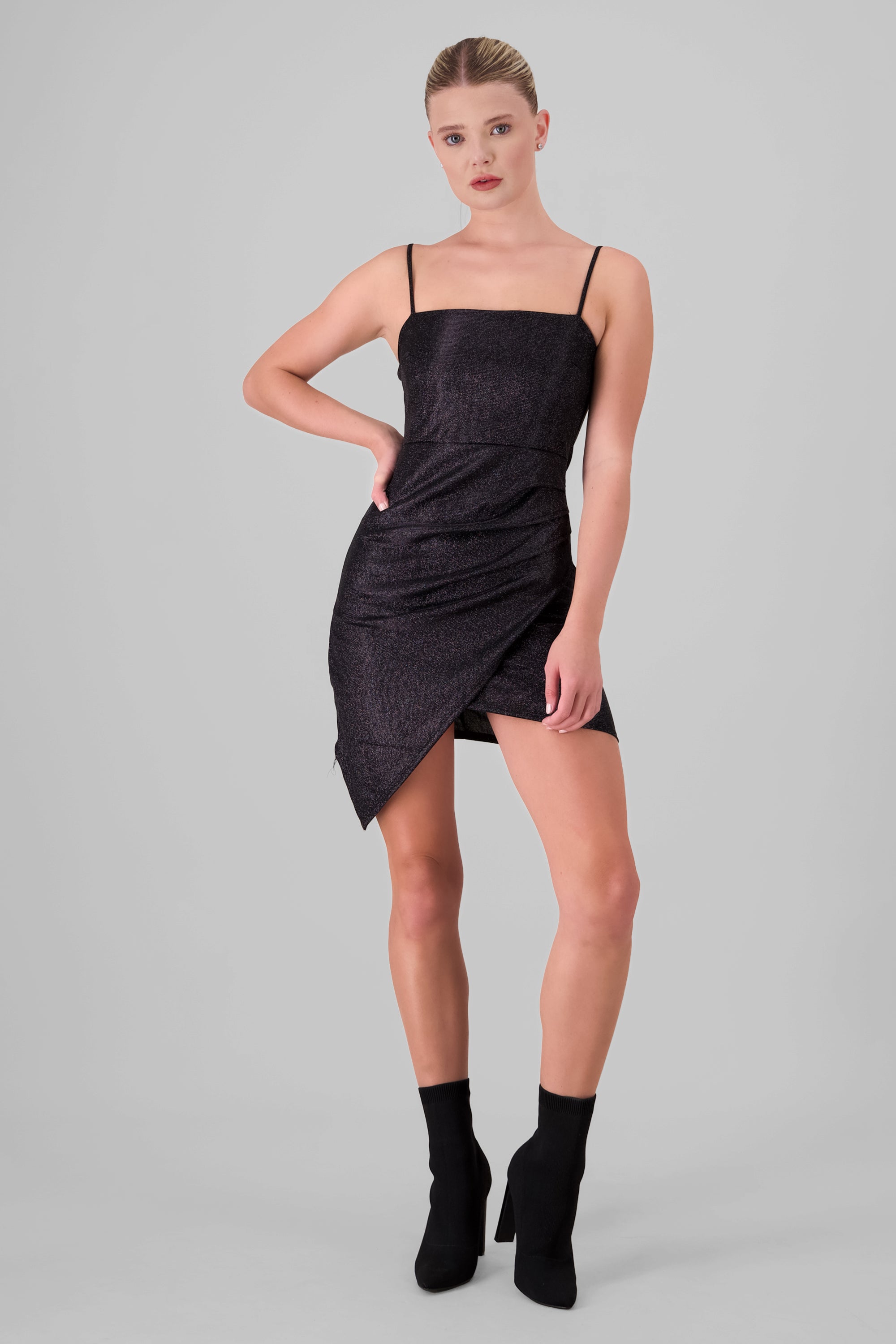 Vestido escote cuadrado mini de brillos NEGRO