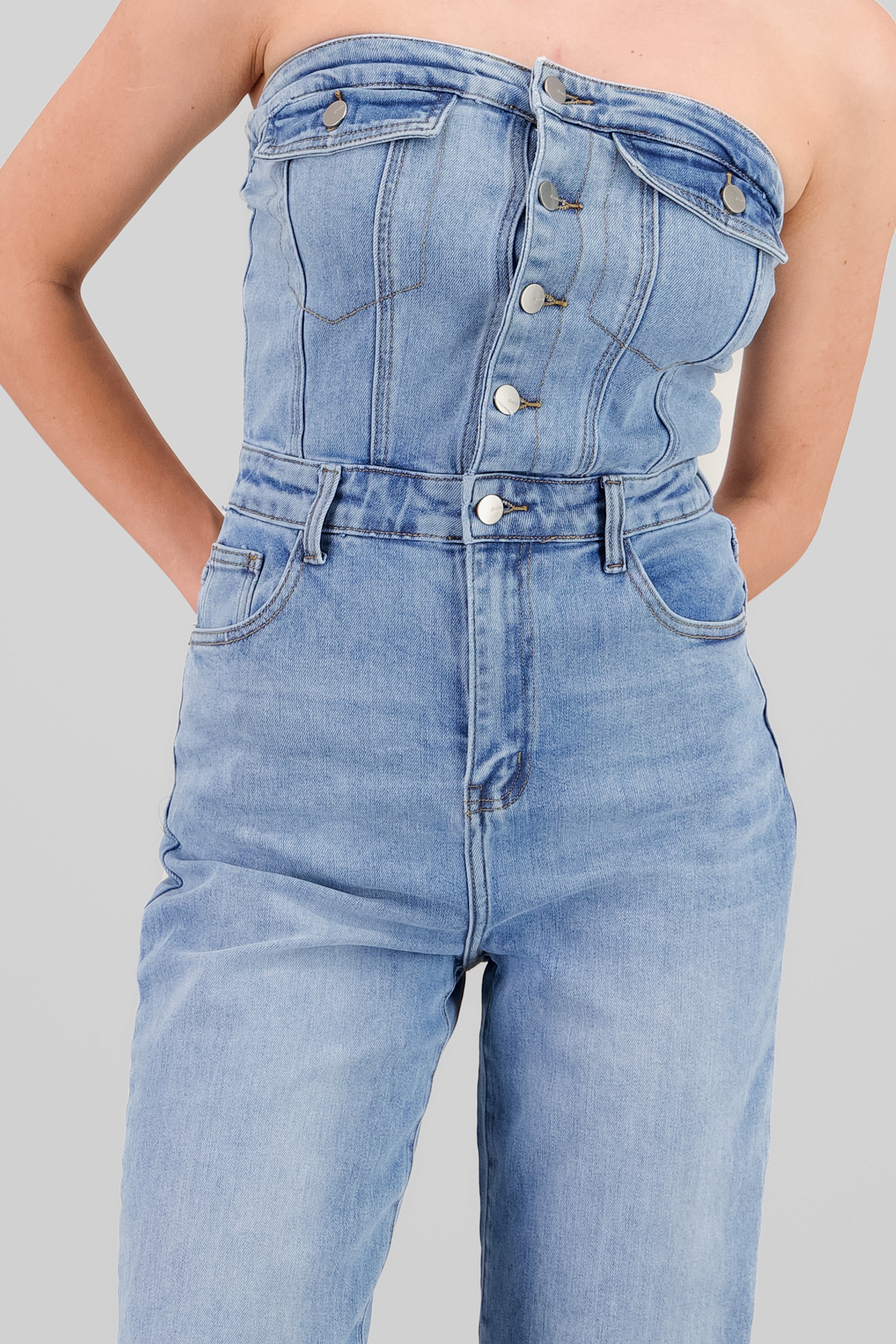 Overall straight strapless LIGHT WASH