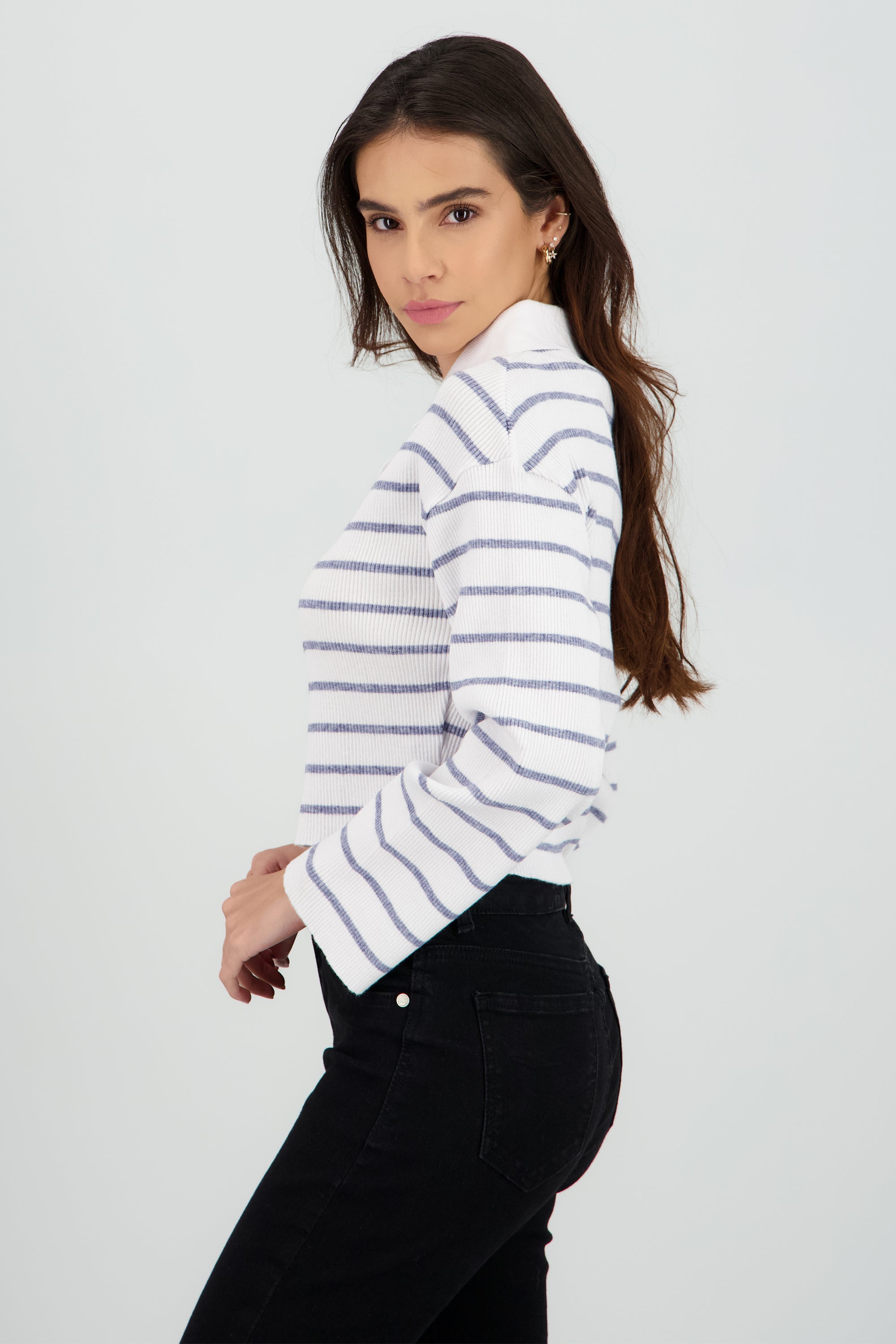 Sueter tejido cuello polo rayas AZUL COMBO