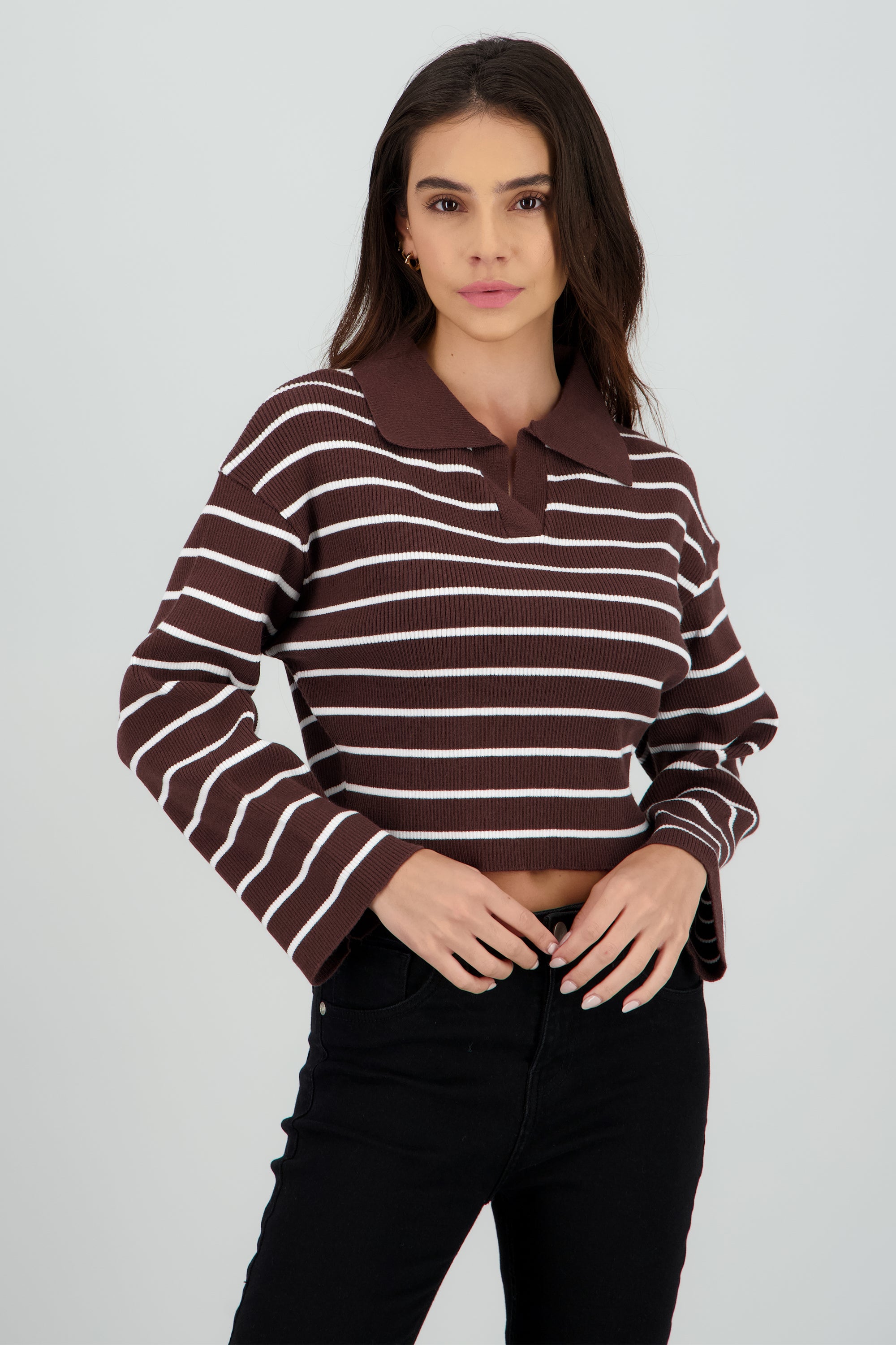Sueter tejido cuello polo rayas CAFE COMBO