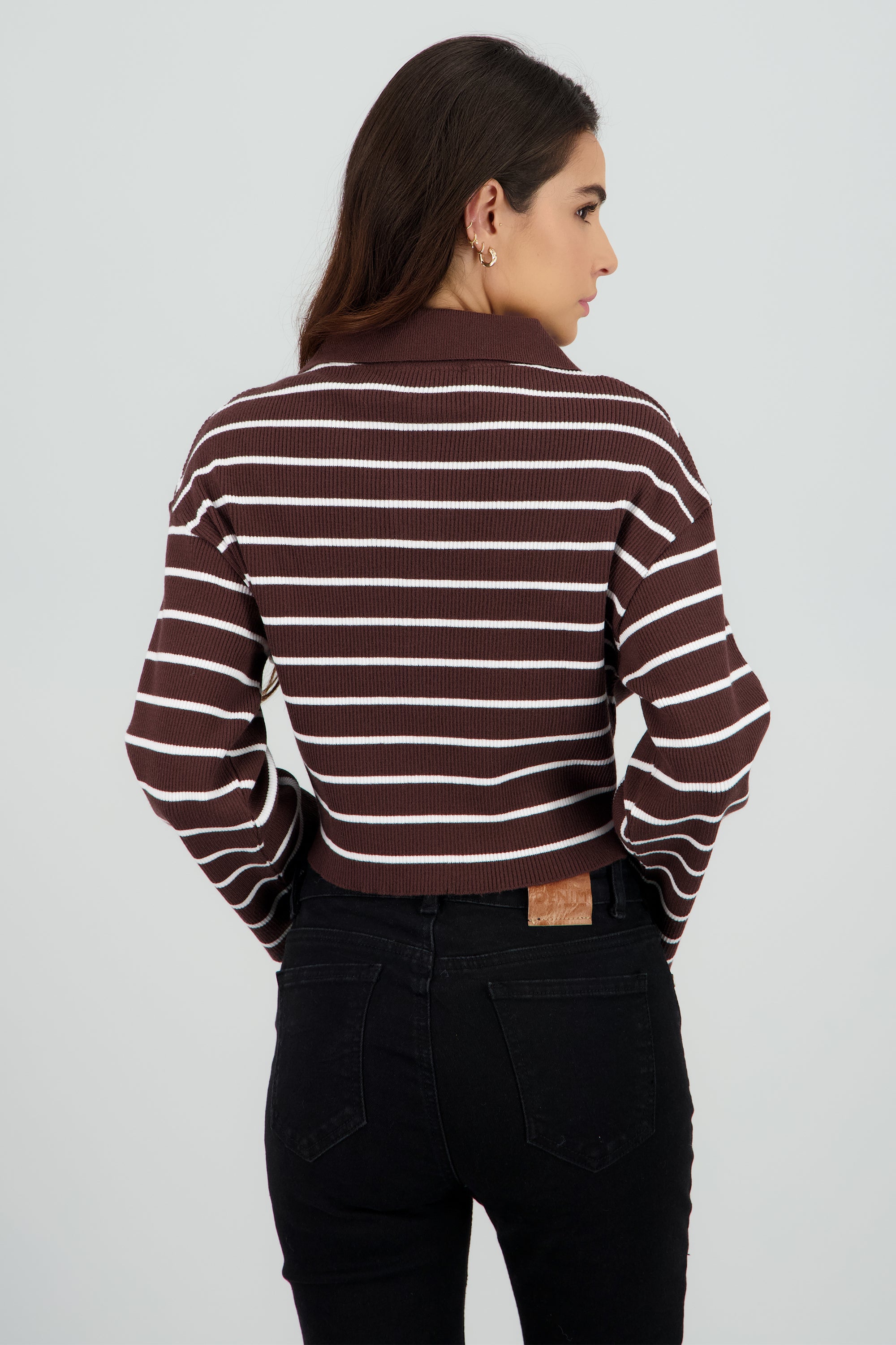 Sueter tejido cuello polo rayas CAFE COMBO