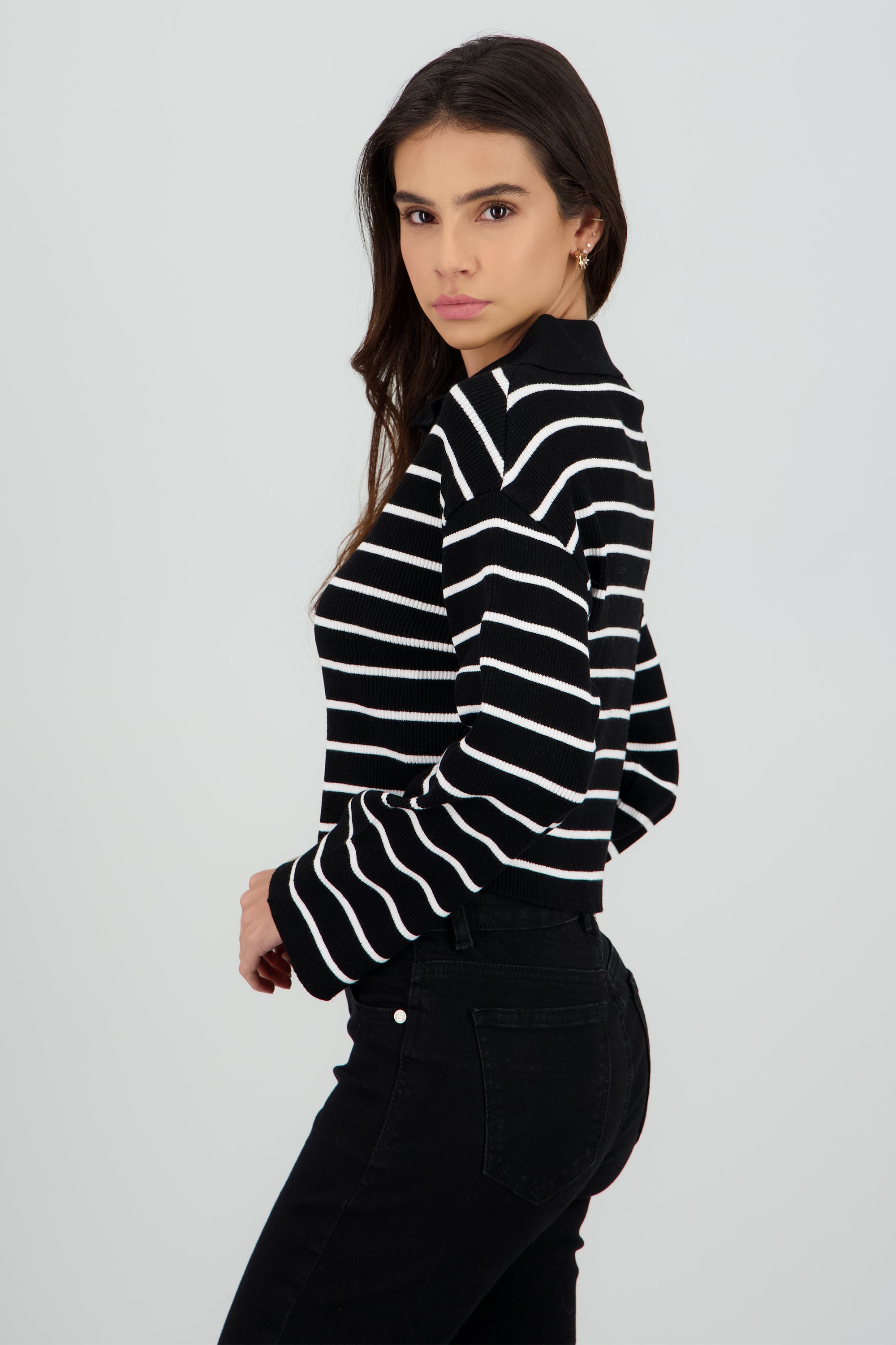 Sueter tejido cuello polo rayas NEGRO COMBO