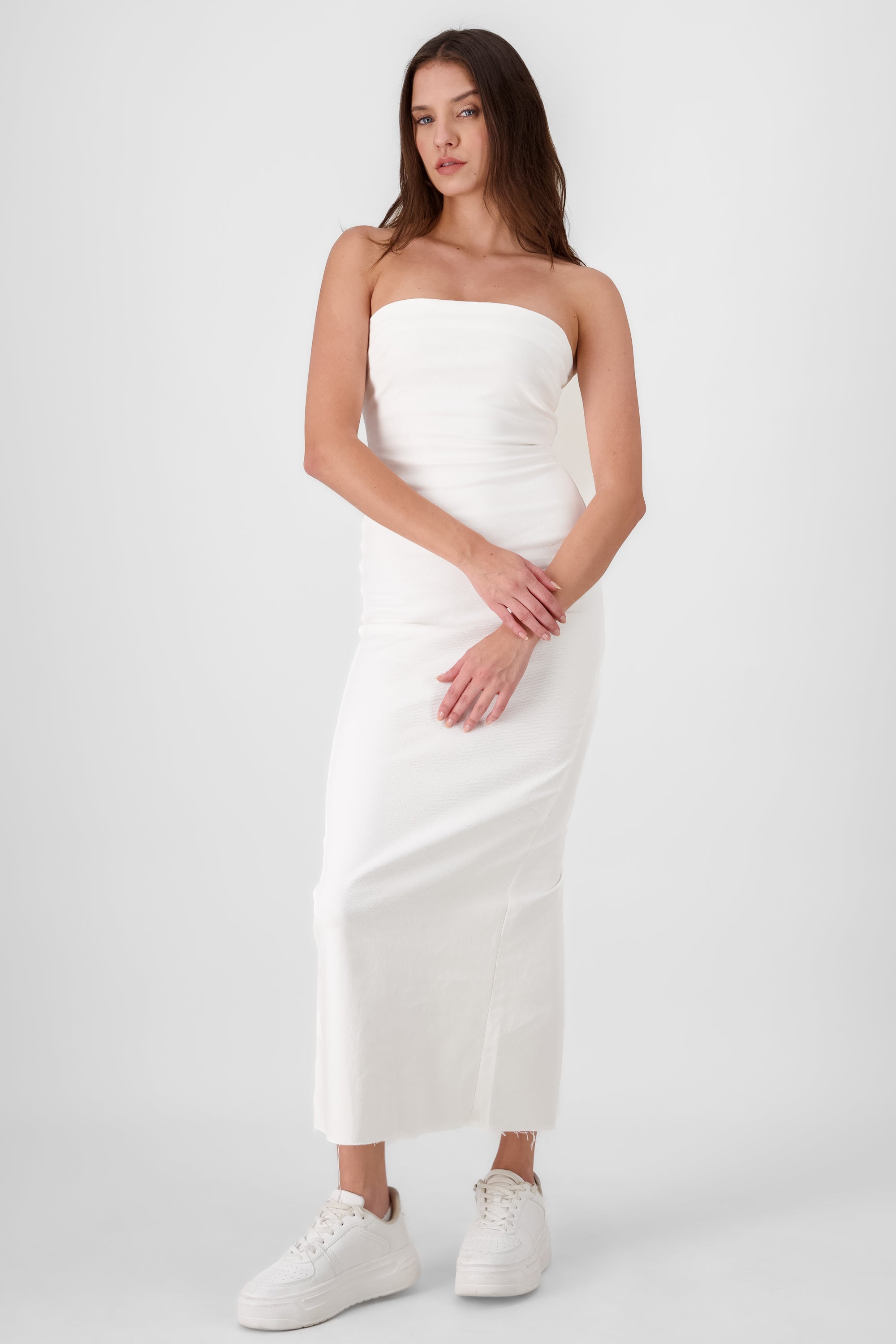 Vestido maxi denim strapless BLANCO