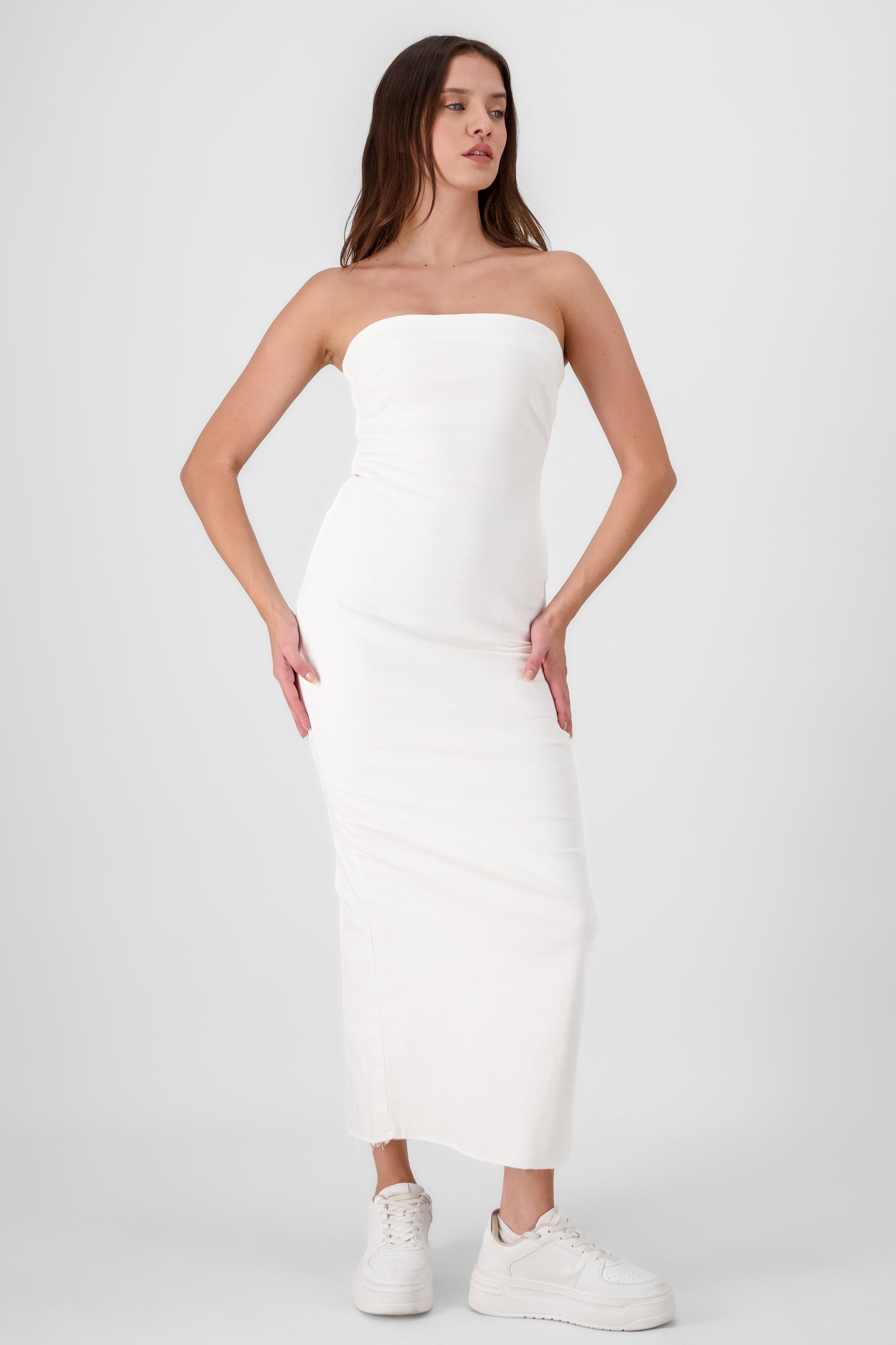 Vestido maxi denim strapless BLANCO