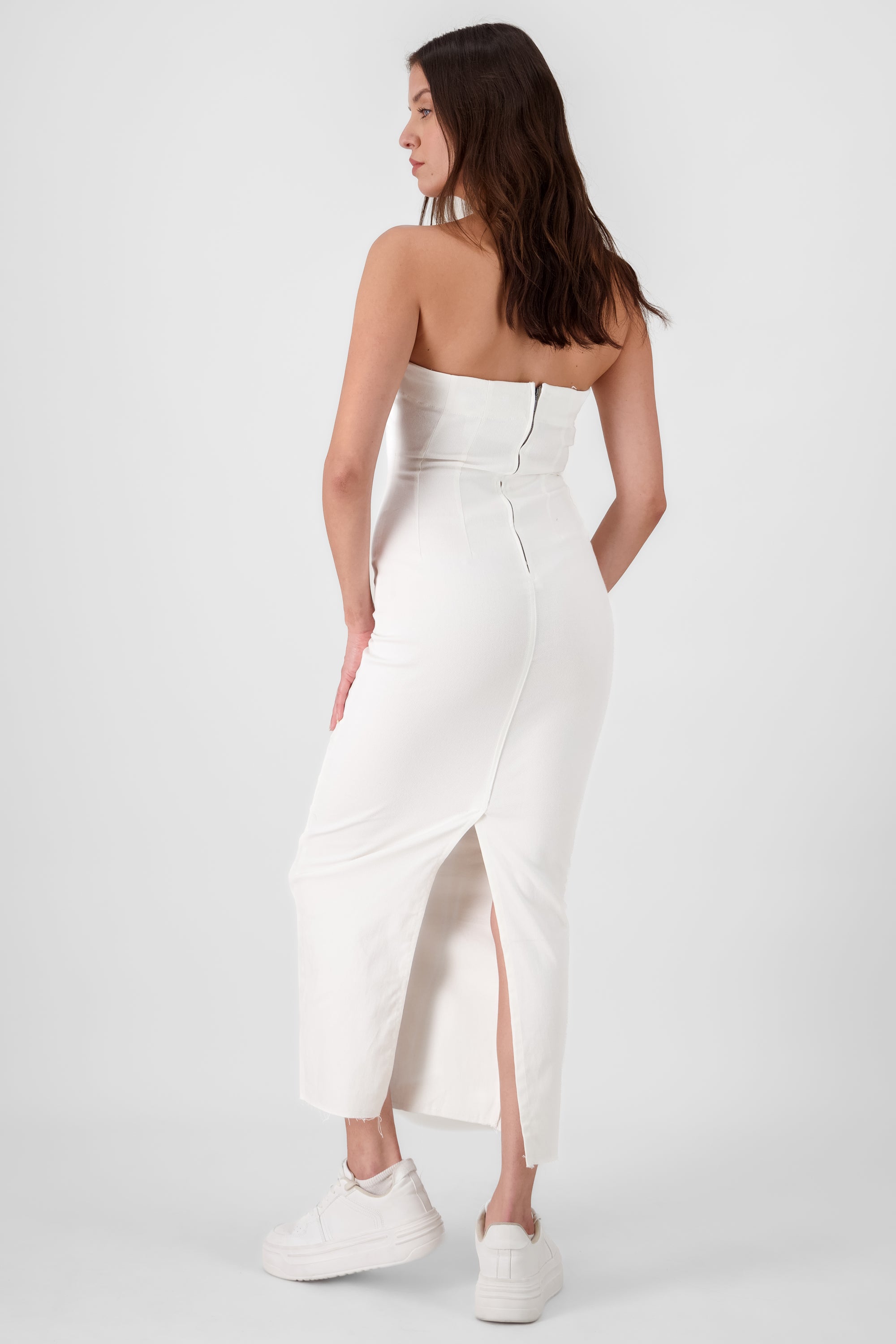 Vestido maxi denim strapless BLANCO