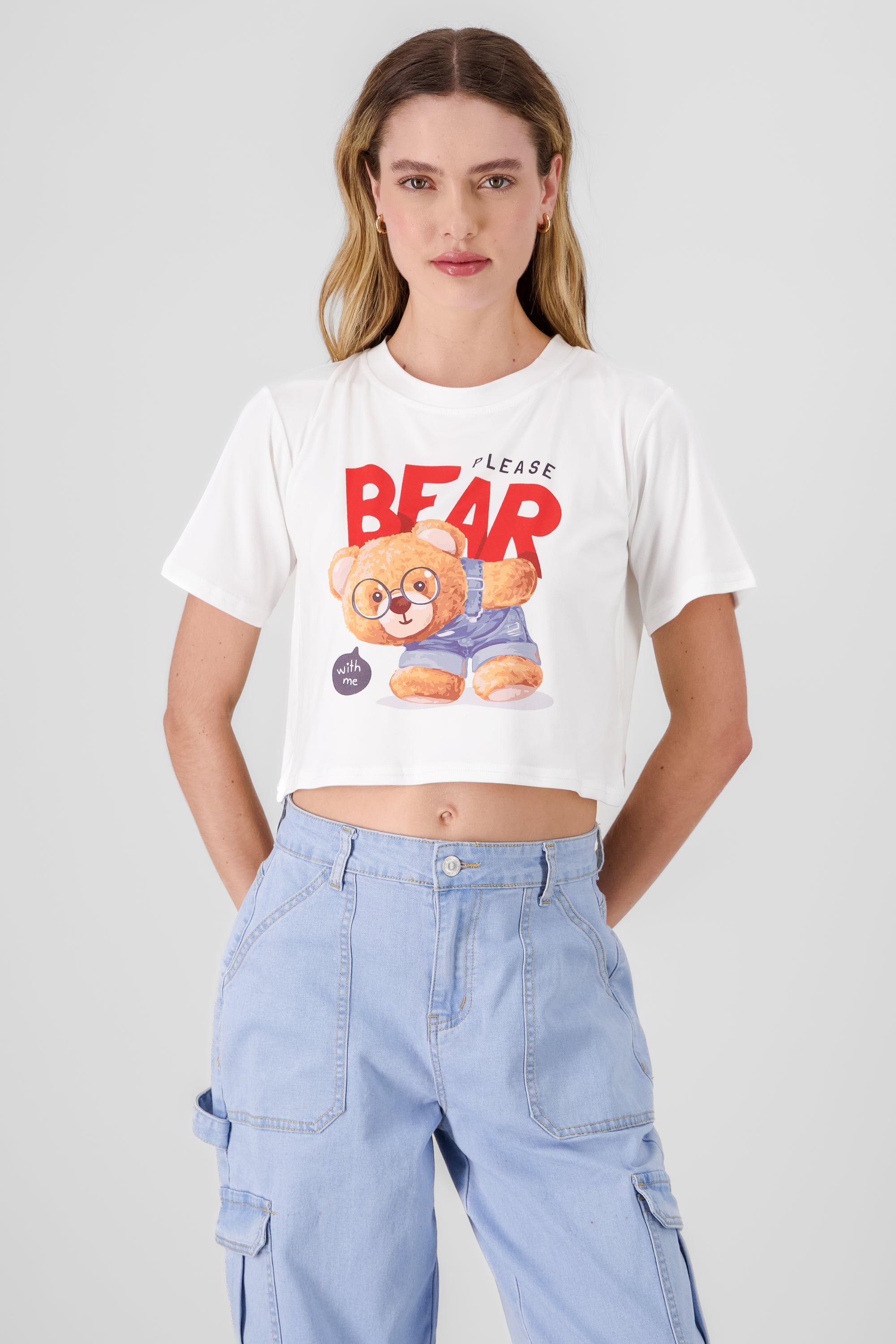 Playera estampada oso please BLANCO COMBO