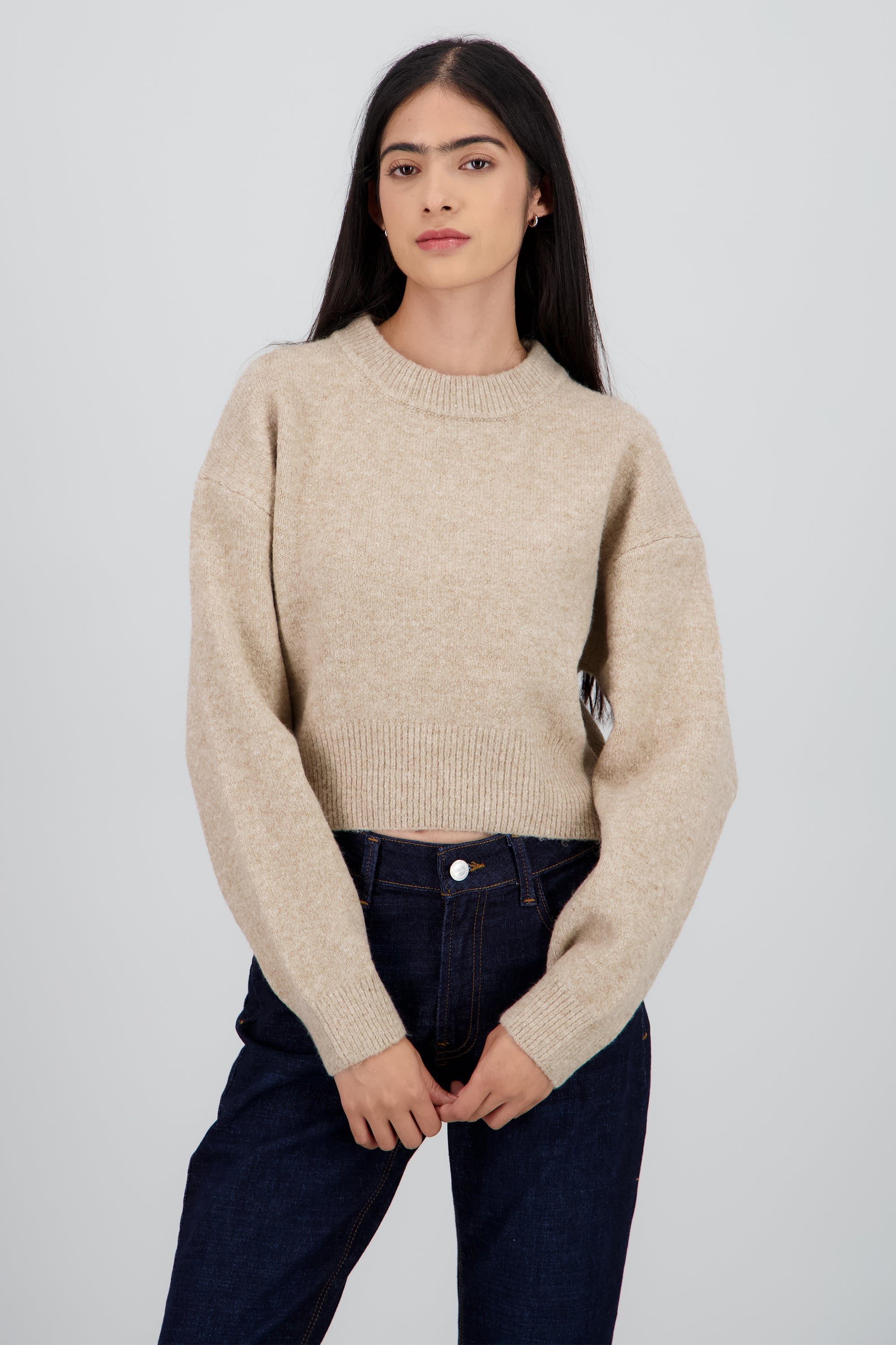 Sueter de cuello redondo manga larga suave TAUPE