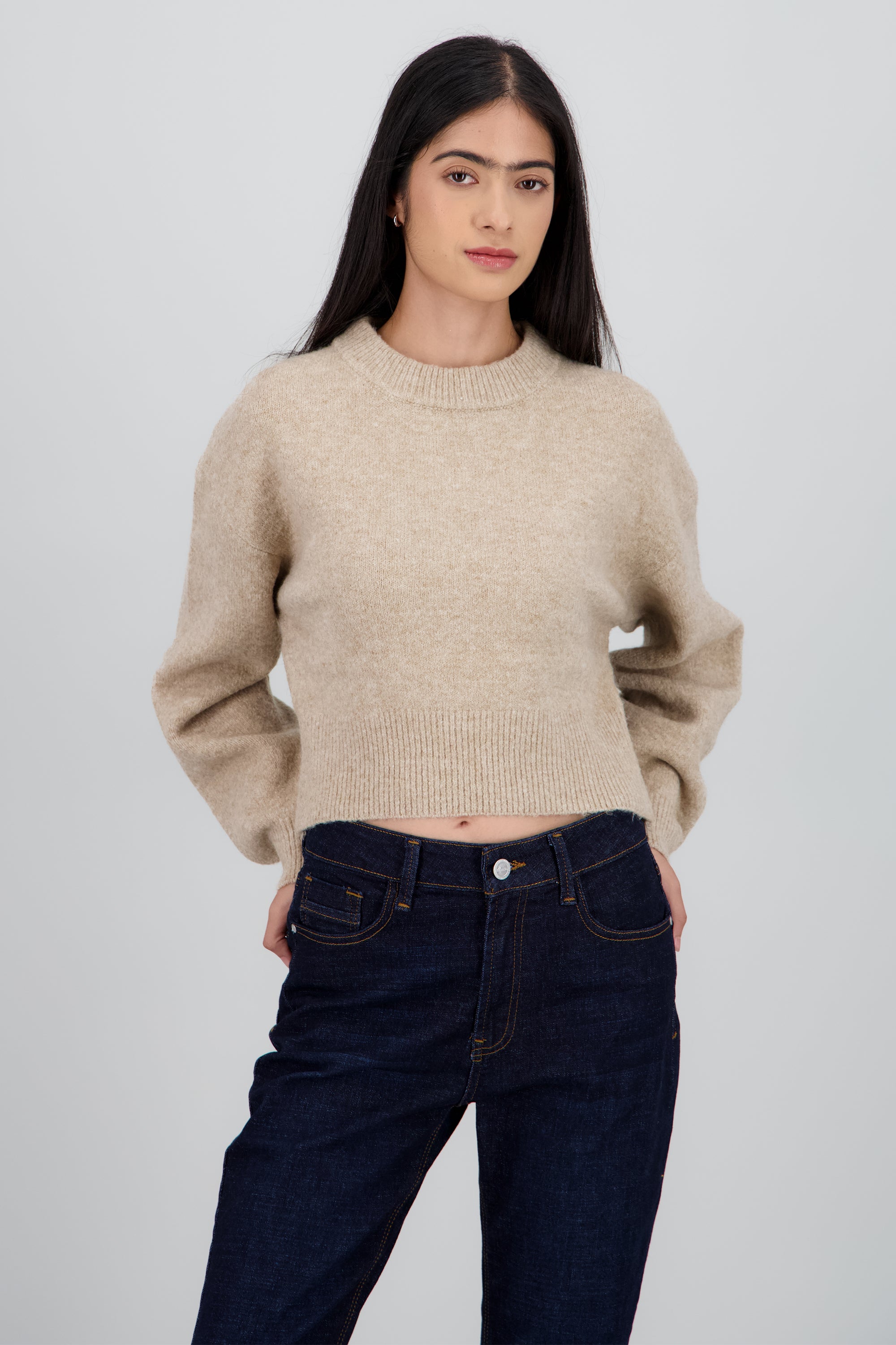 Sueter de cuello redondo manga larga suave TAUPE