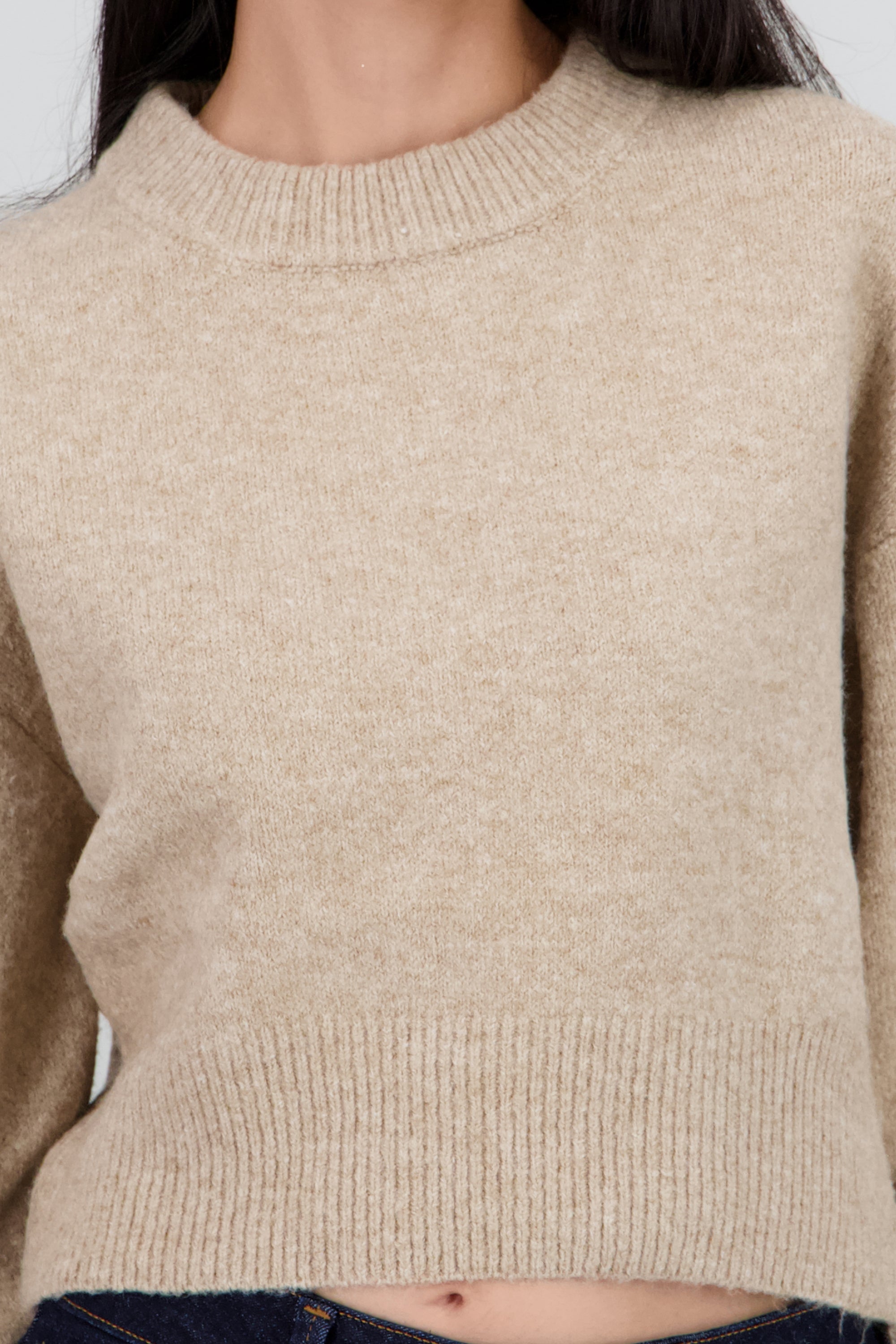 Sueter de cuello redondo manga larga suave TAUPE