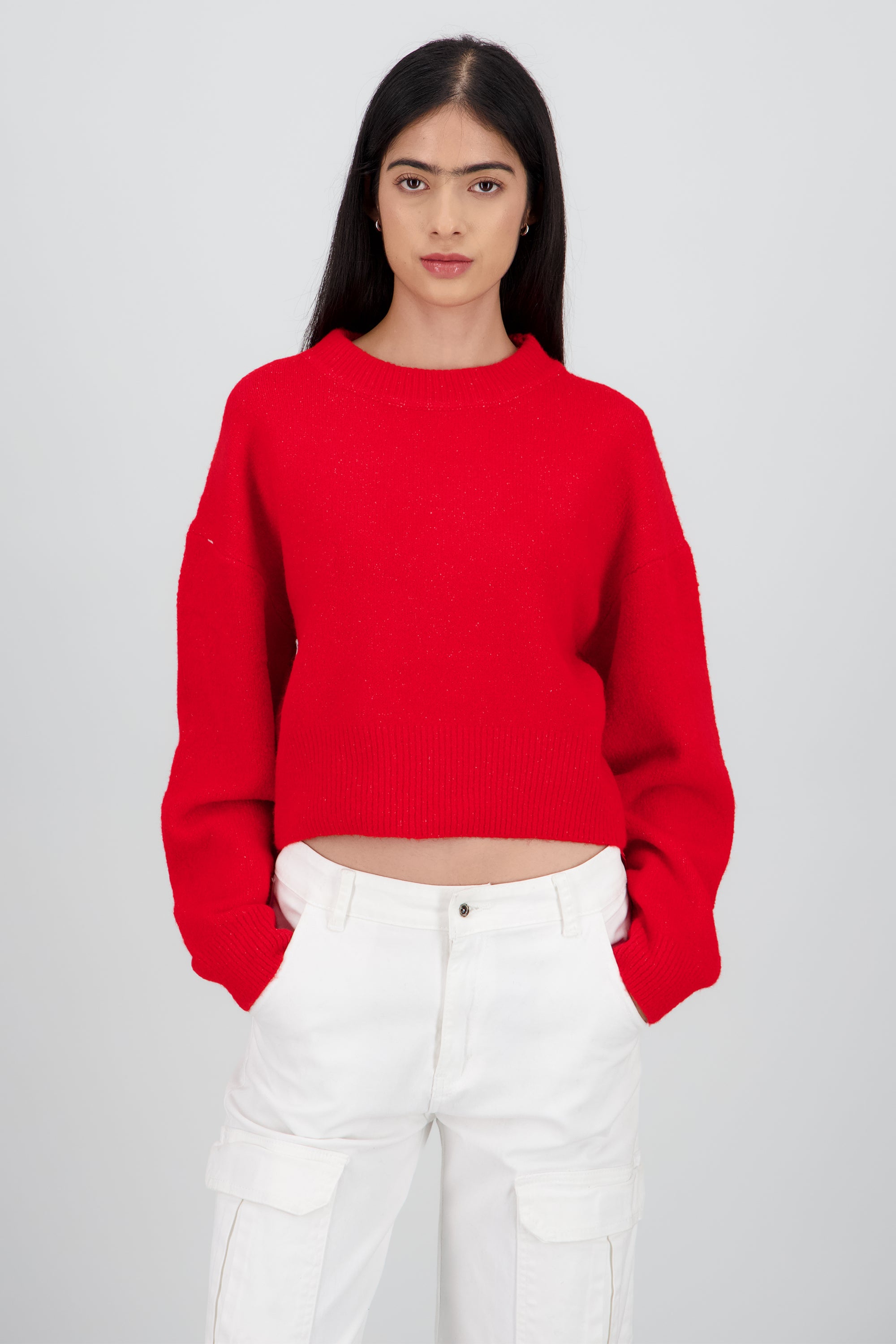 Sueter de cuello redondo manga larga suave ROJO