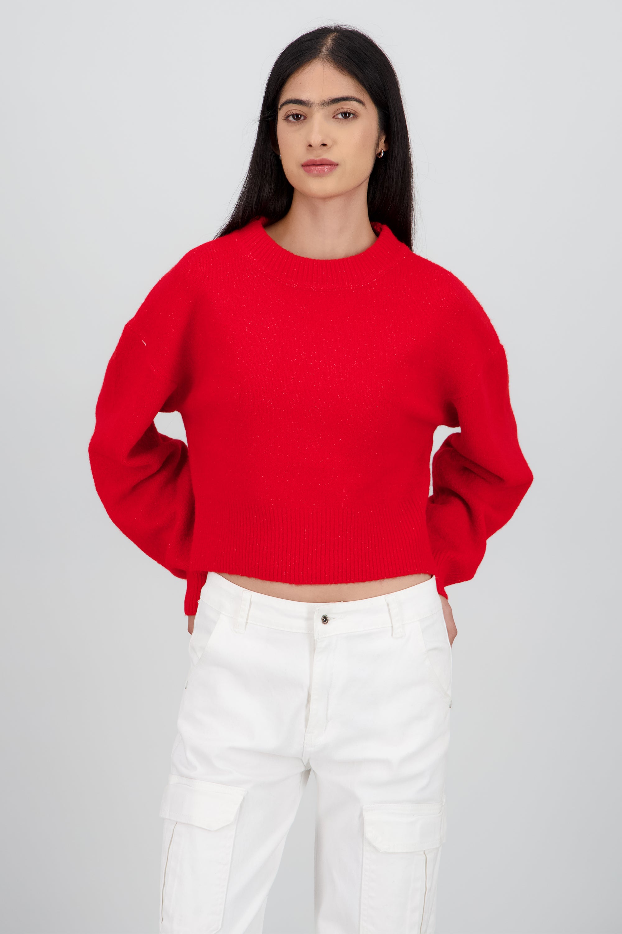Sueter de cuello redondo manga larga suave ROJO
