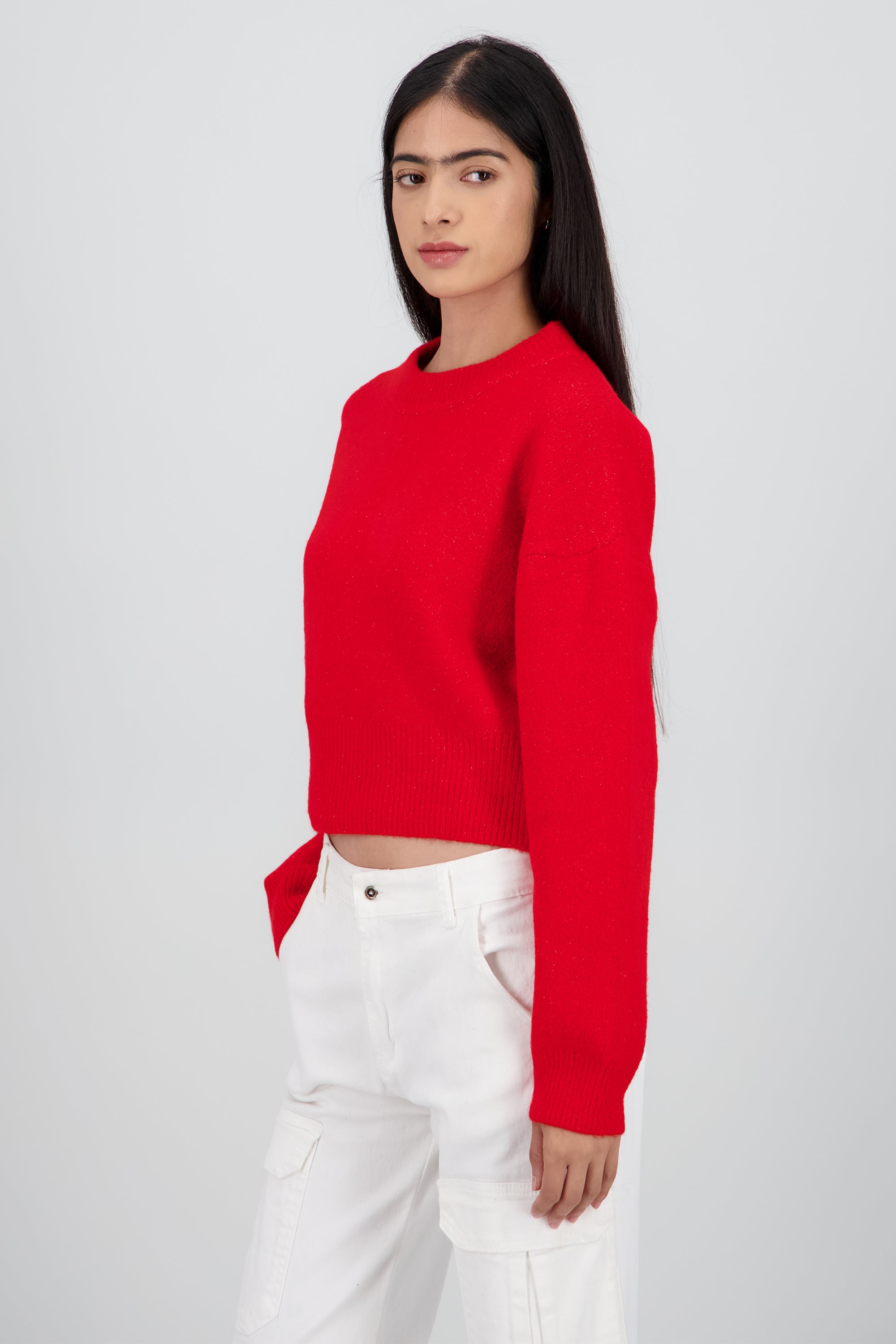 Sueter de cuello redondo manga larga suave ROJO
