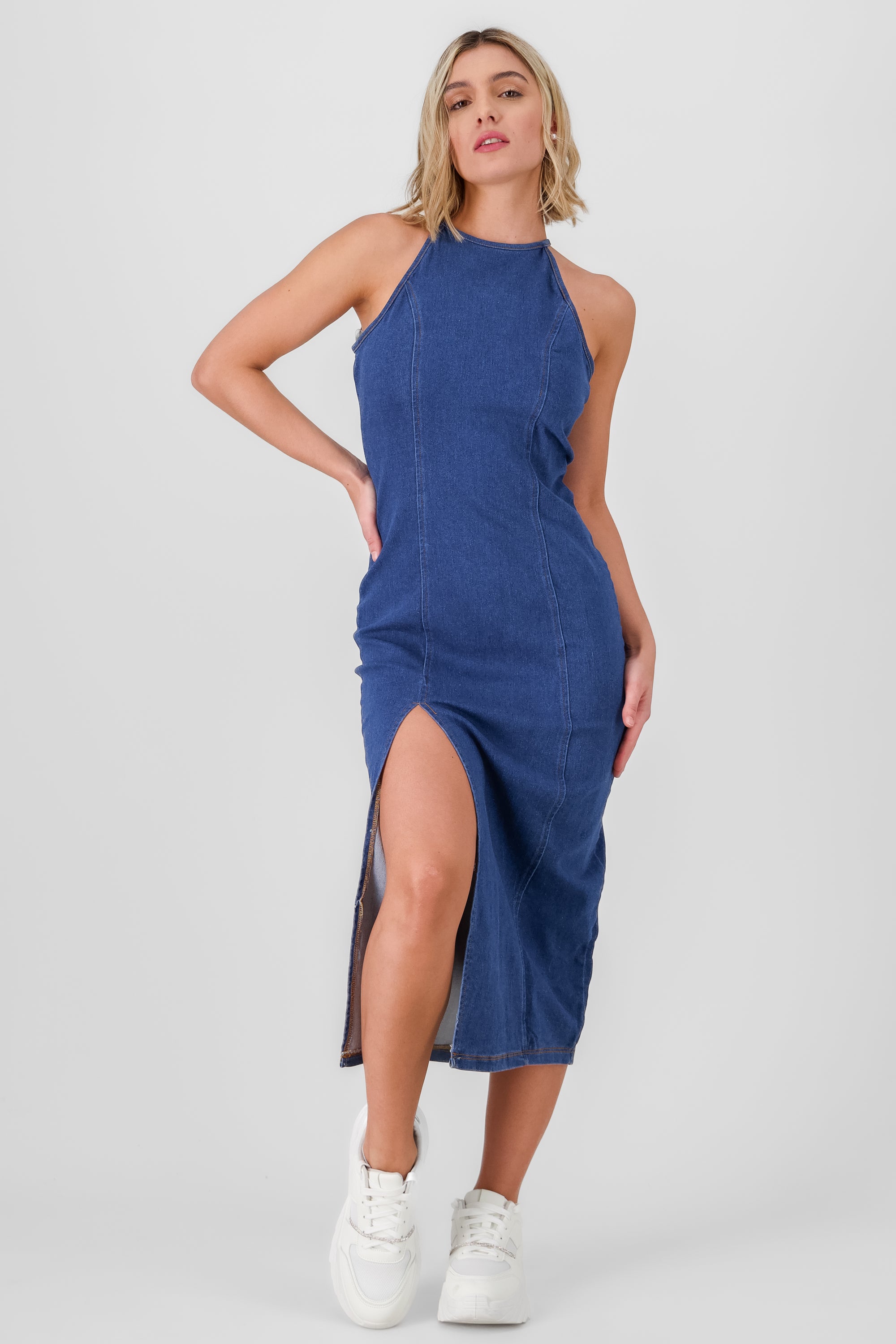 Vestido midi de dneim liso MEDIUM WASH