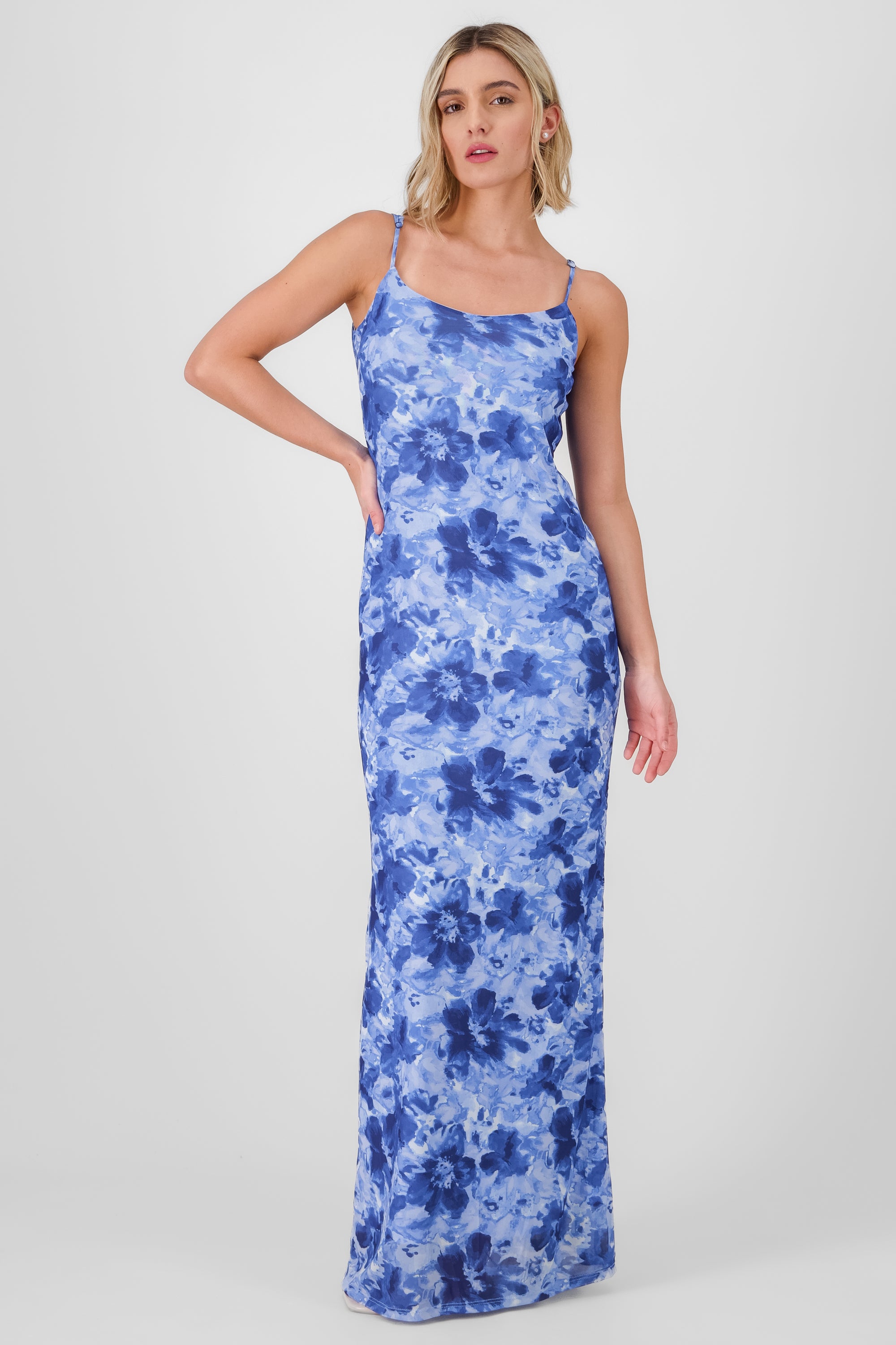 Vestido maxi tirantes estampado mesh flores AZUL