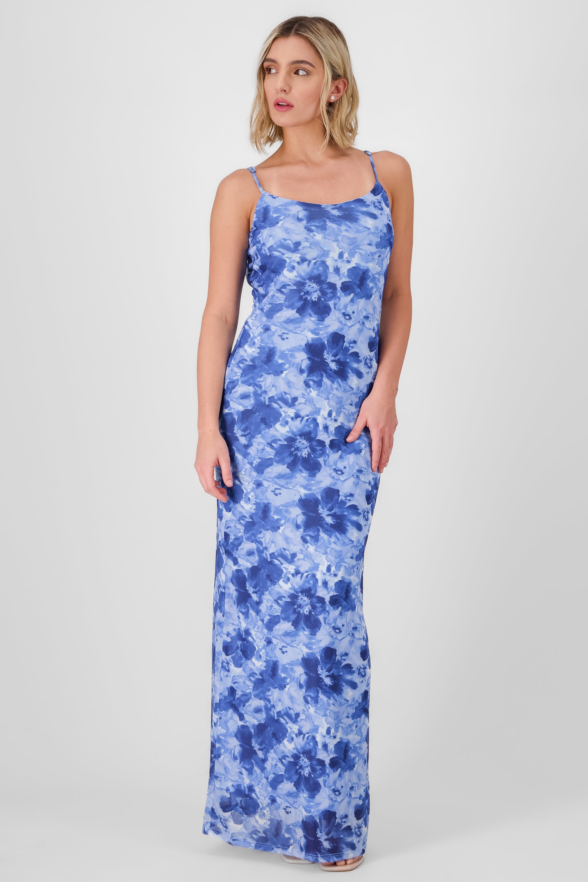 Vestido maxi tirantes estampado mesh flores AZUL