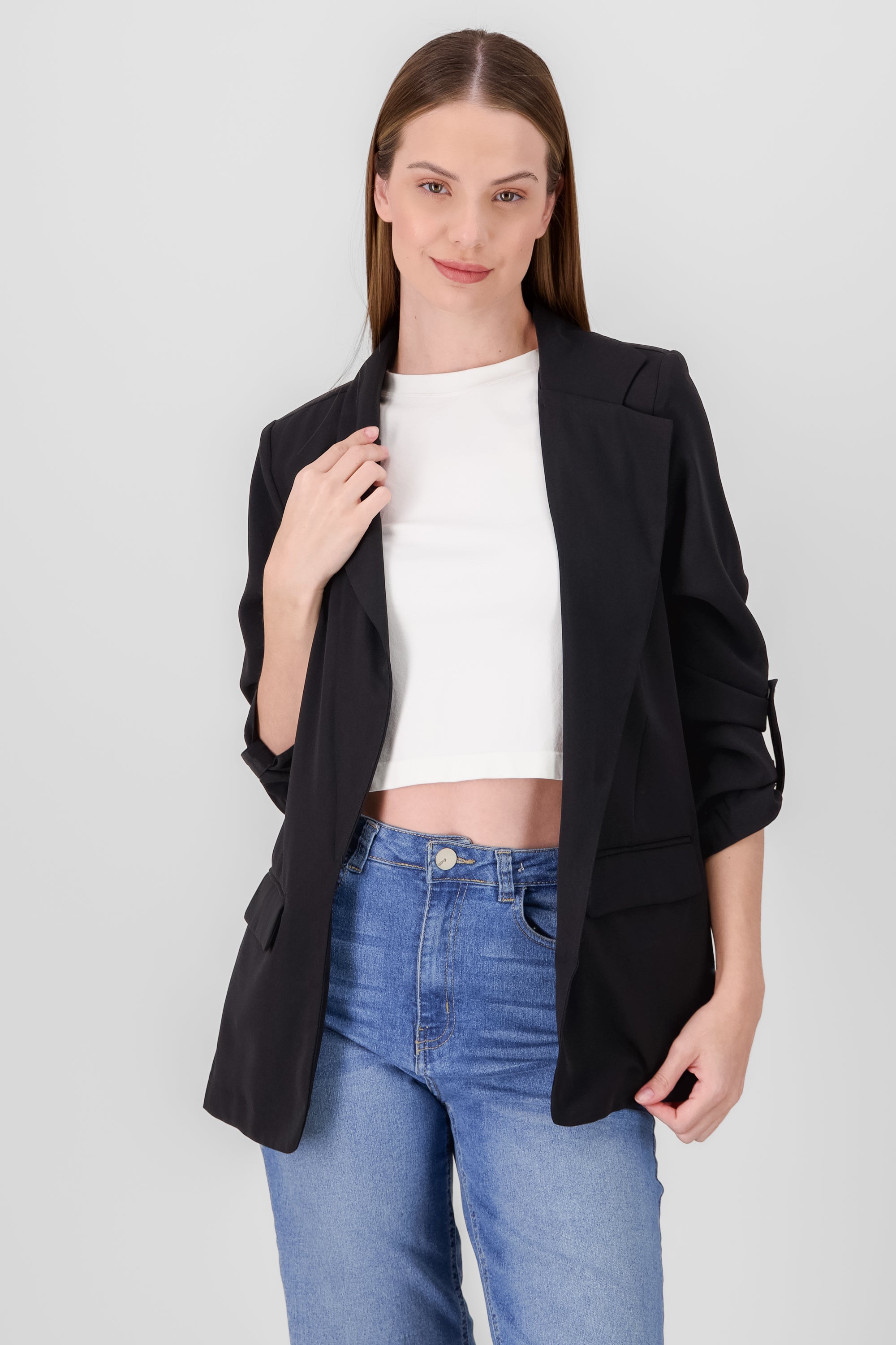 Blazer de manga 3/4 con bolsas liso NEGRO