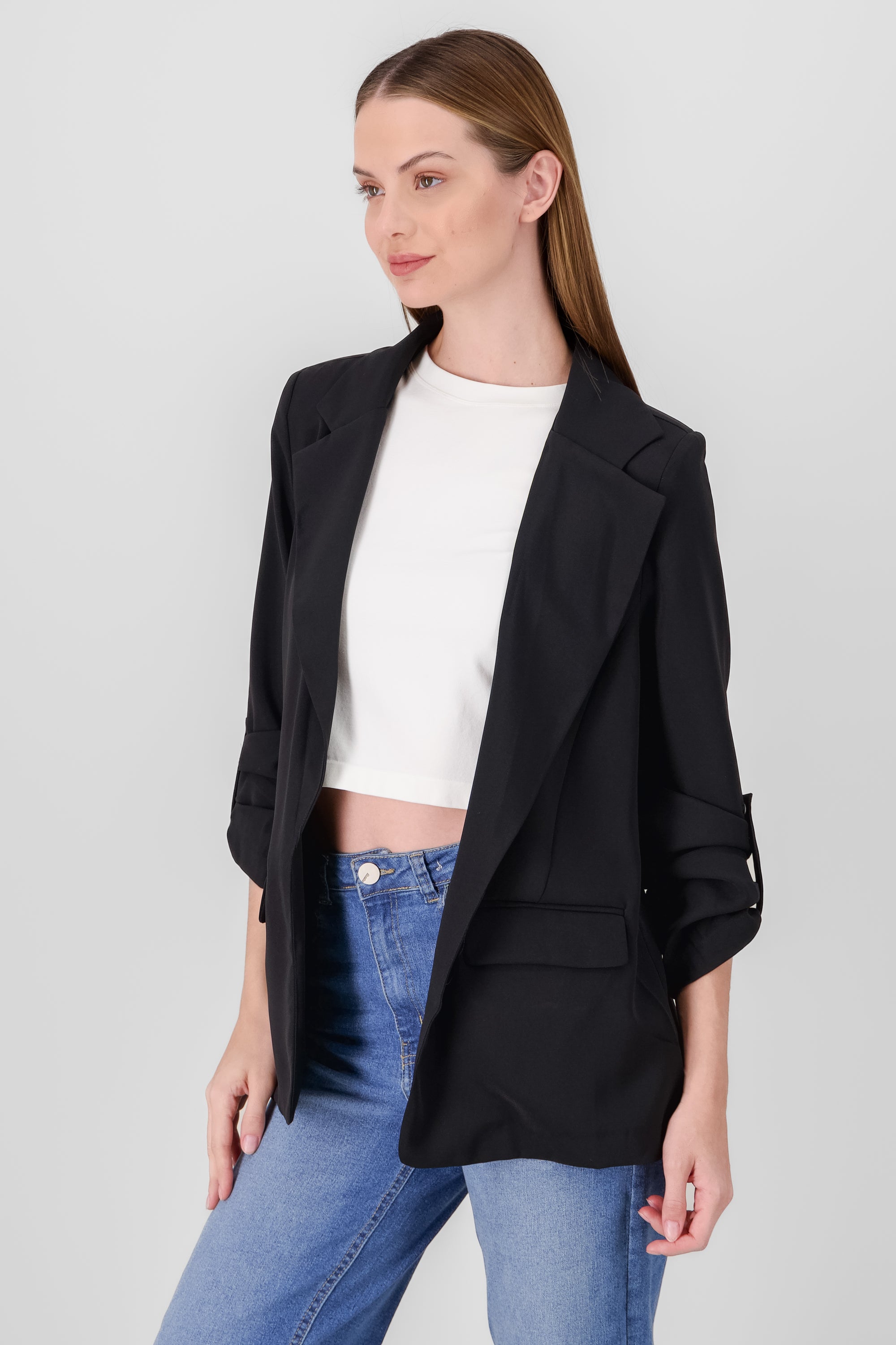 Blazer de manga 3/4 con bolsas liso NEGRO