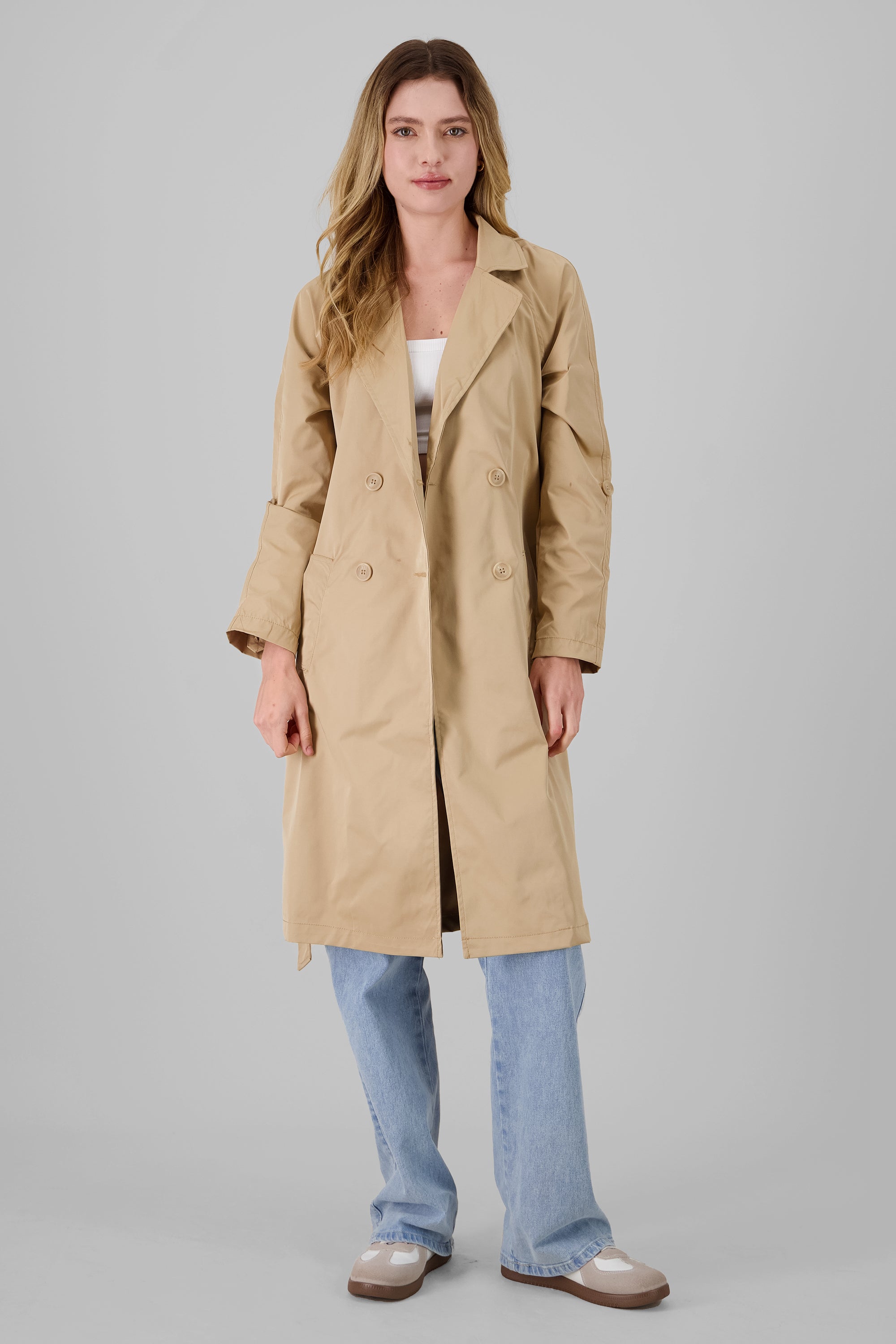 Gabardina midi lisa con botones KHAKI