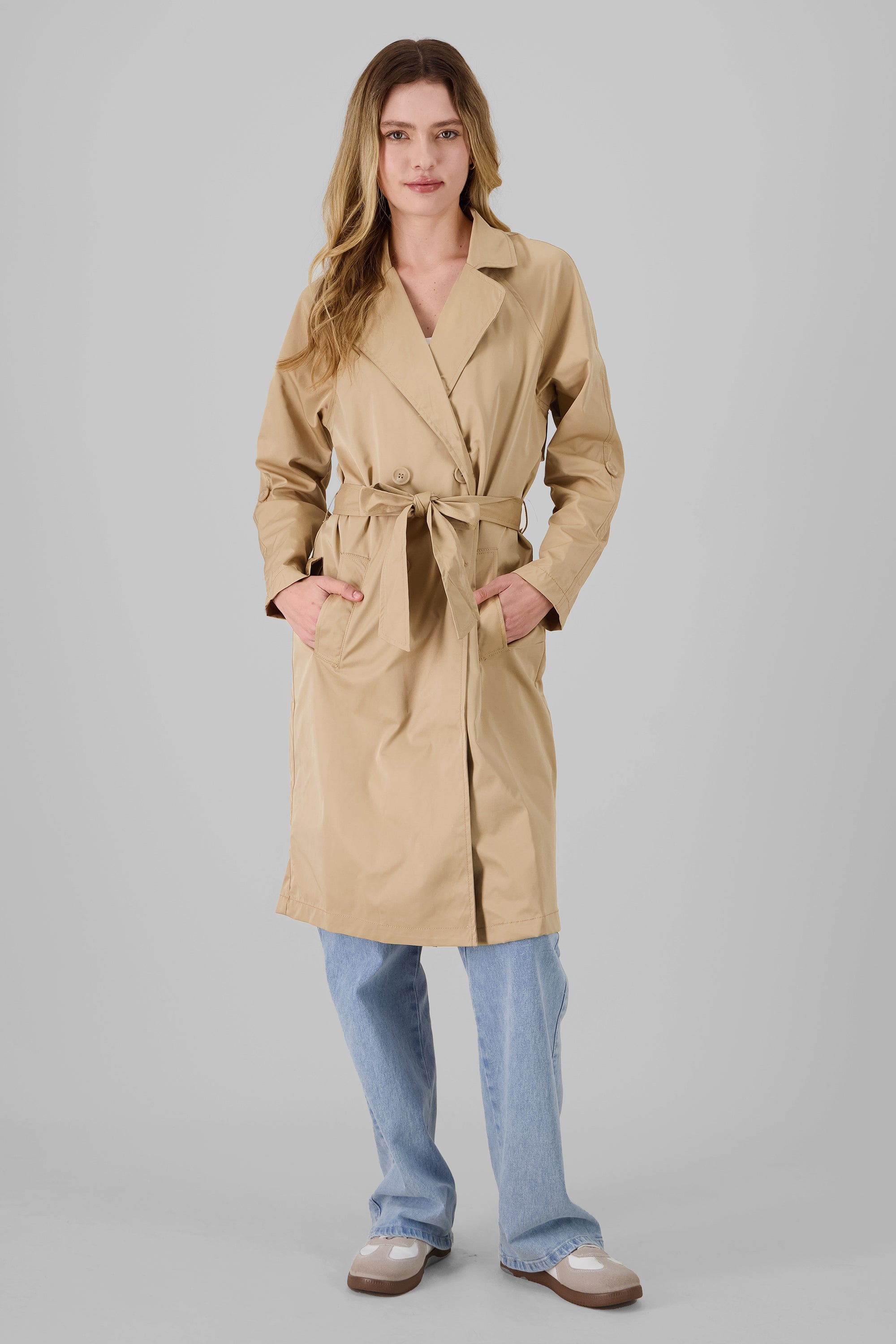 Gabardina midi lisa con botones KHAKI