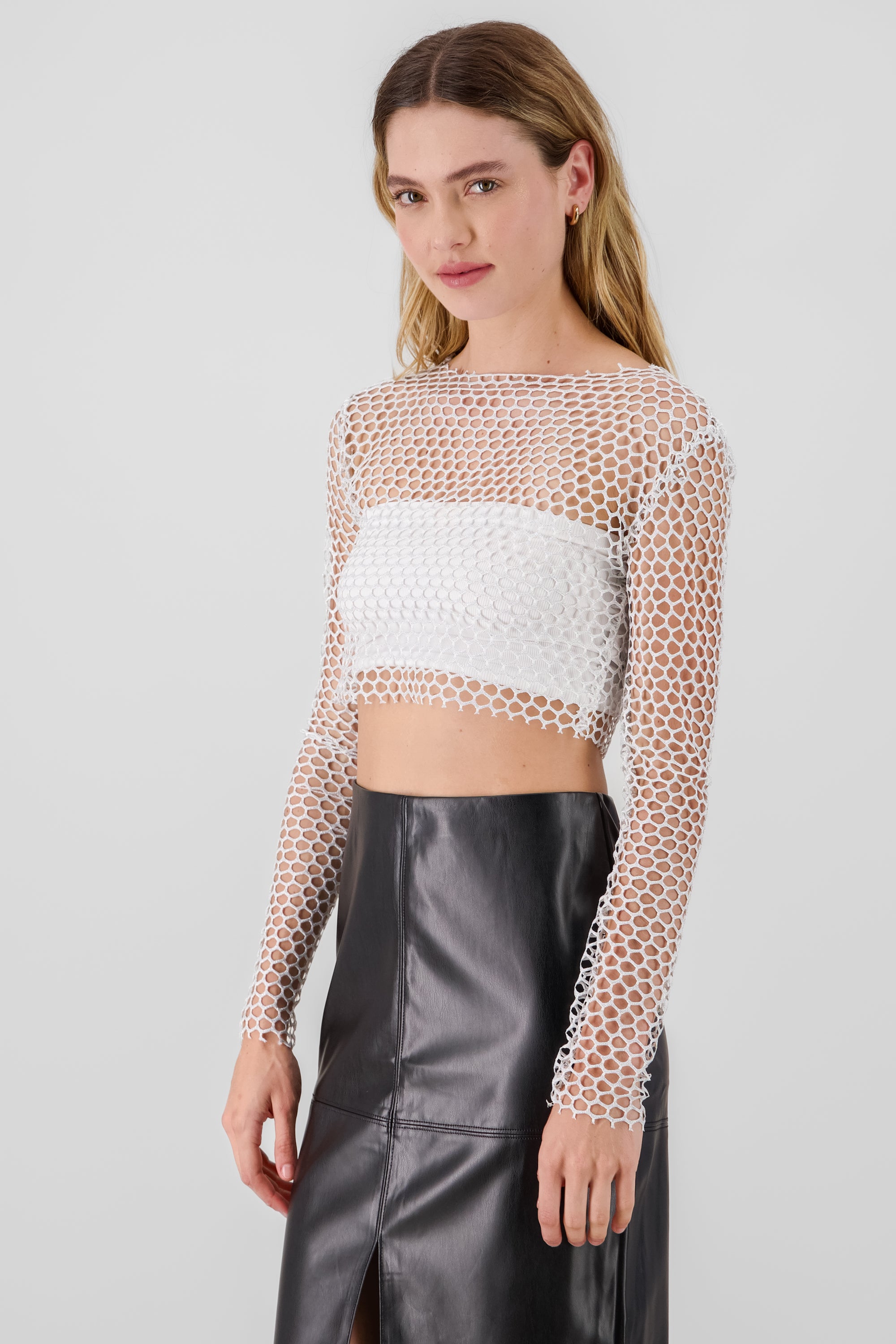 Top crop acanalado detalle brillos BLANCO