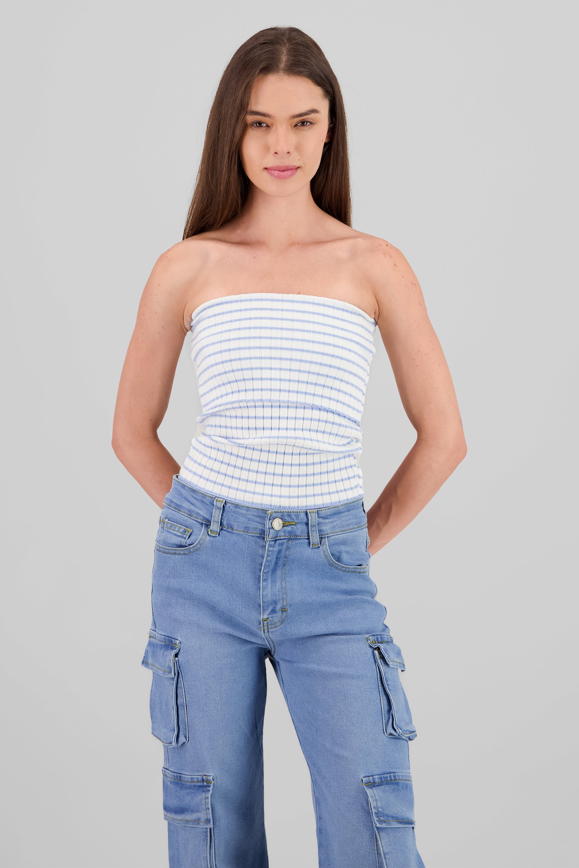 Top tejido off shoulder rayas AZUL COMBO