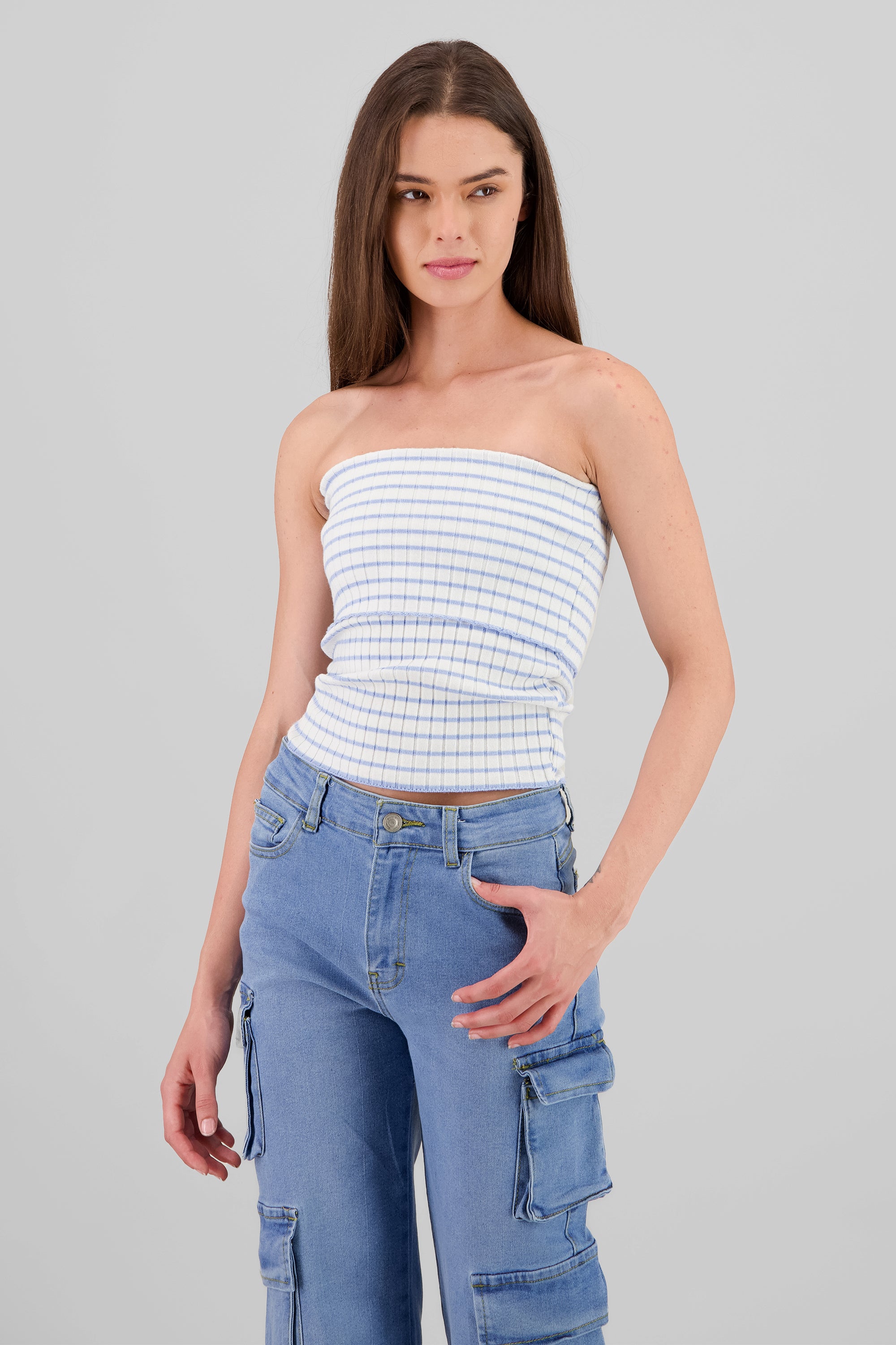 Top tejido off shoulder rayas AZUL COMBO