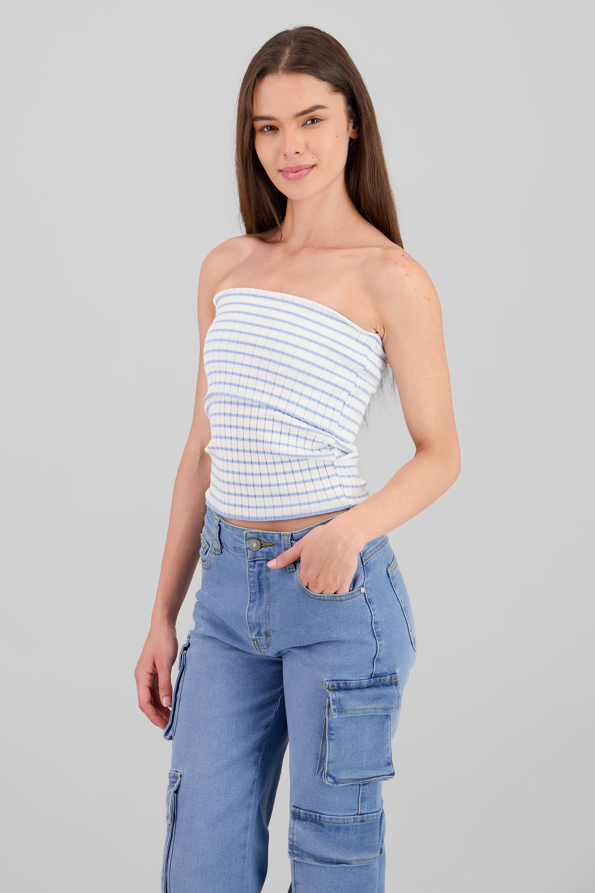 Top tejido off shoulder rayas AZUL COMBO