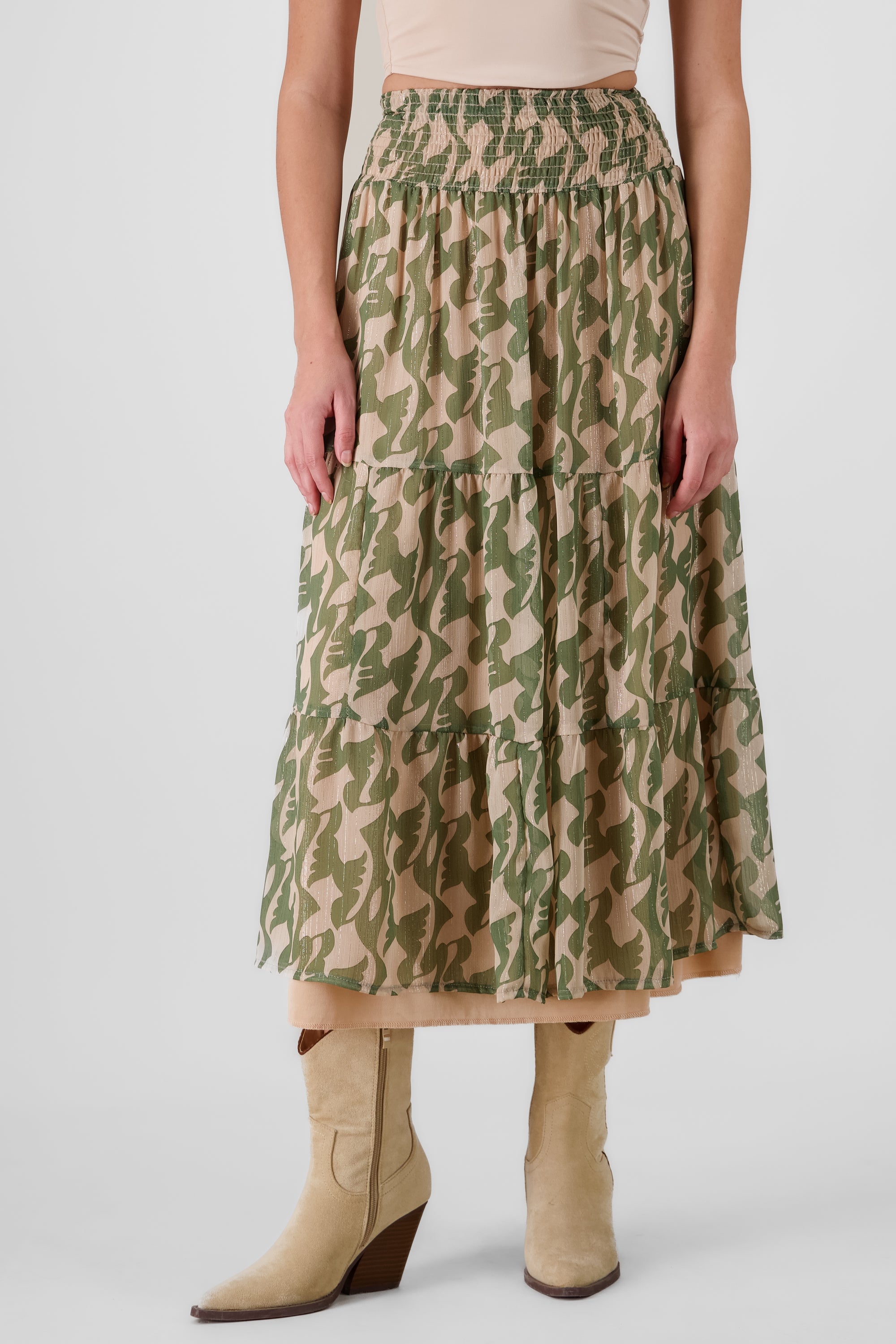 Falda maxi detalle smock VERDE COMBO