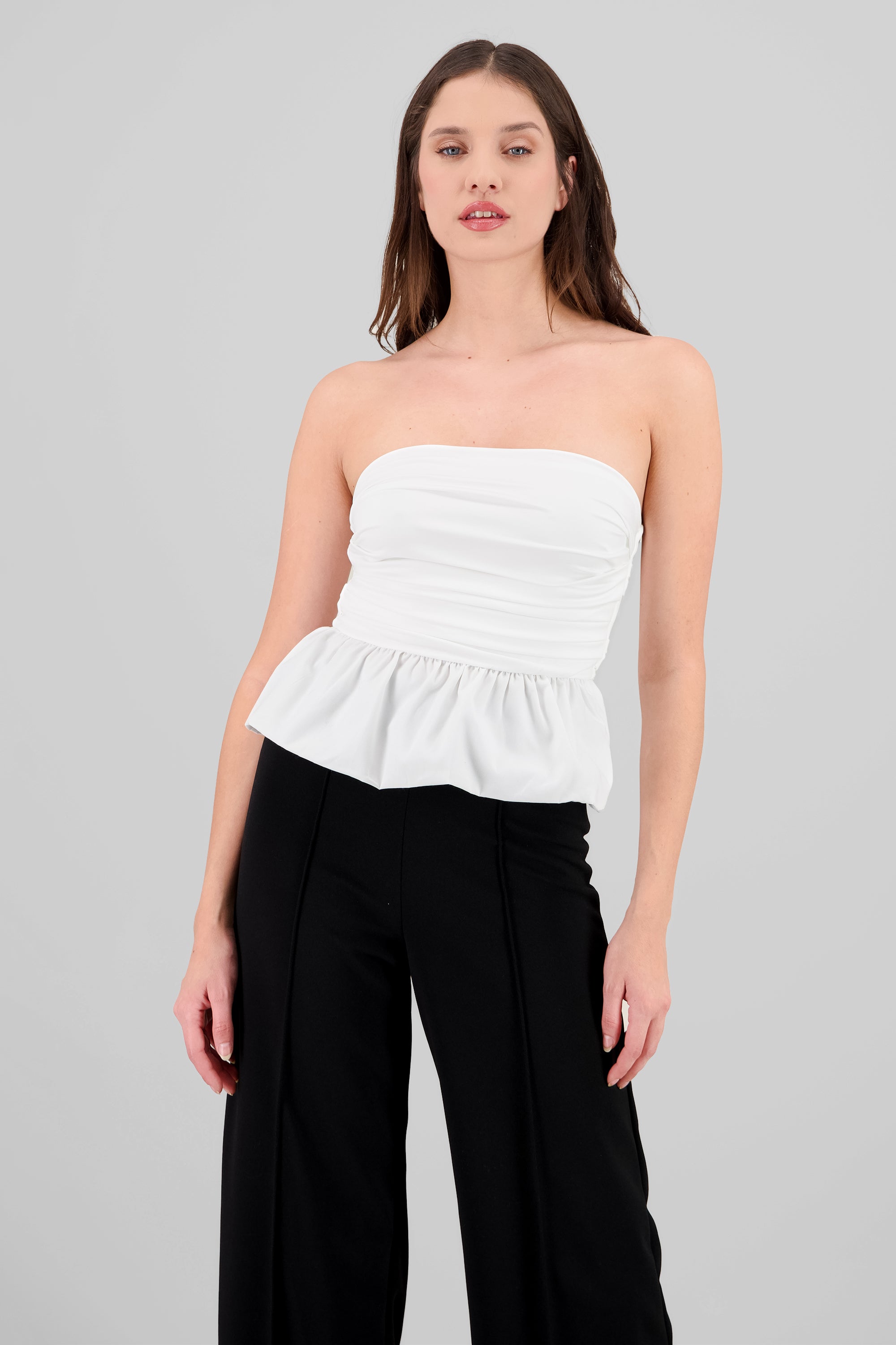 Blusa strapless con volumen liso BLANCO