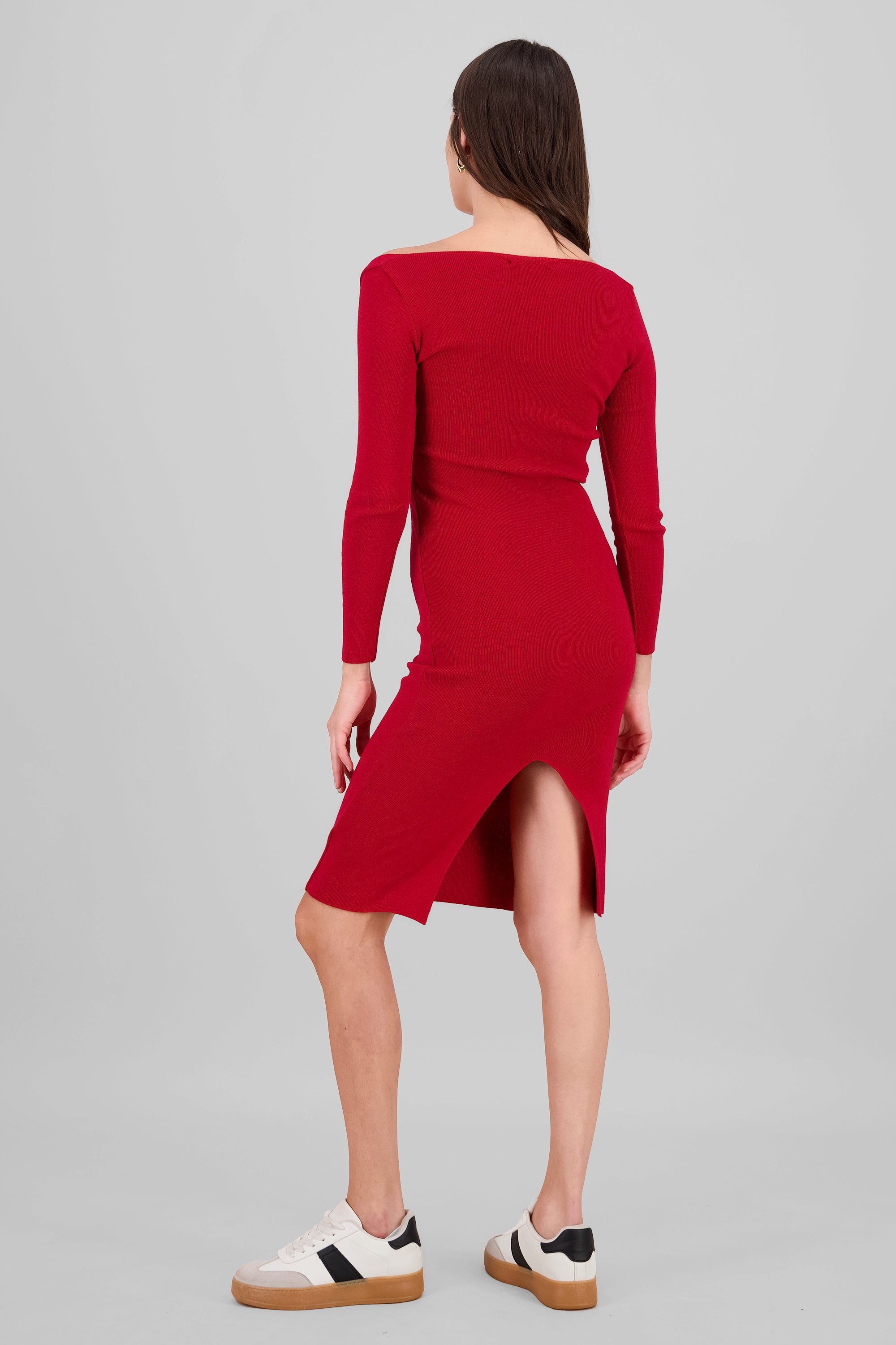 Vestido tejido escote cuadrado manga larga ROJO