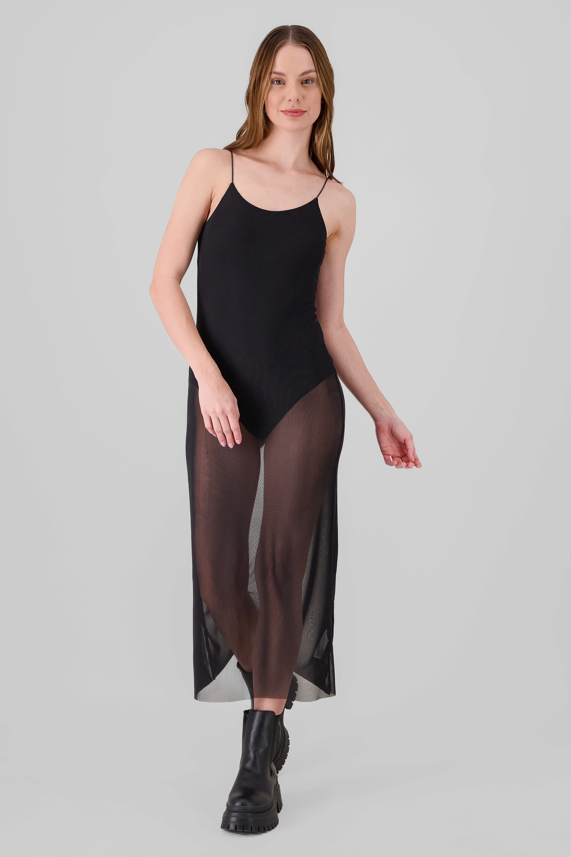 Vestido con transparencia y bodysuit NEGRO