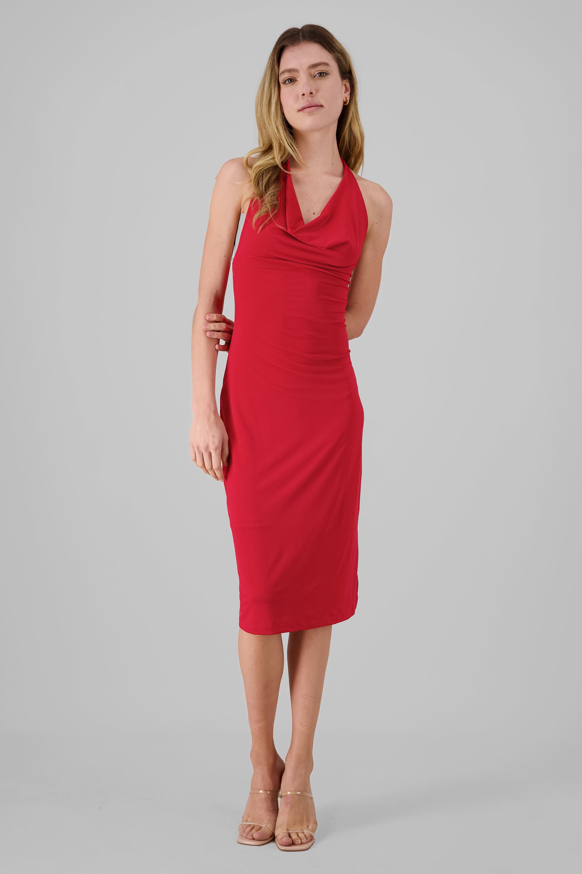 Vestido midi escote cascada ROJO