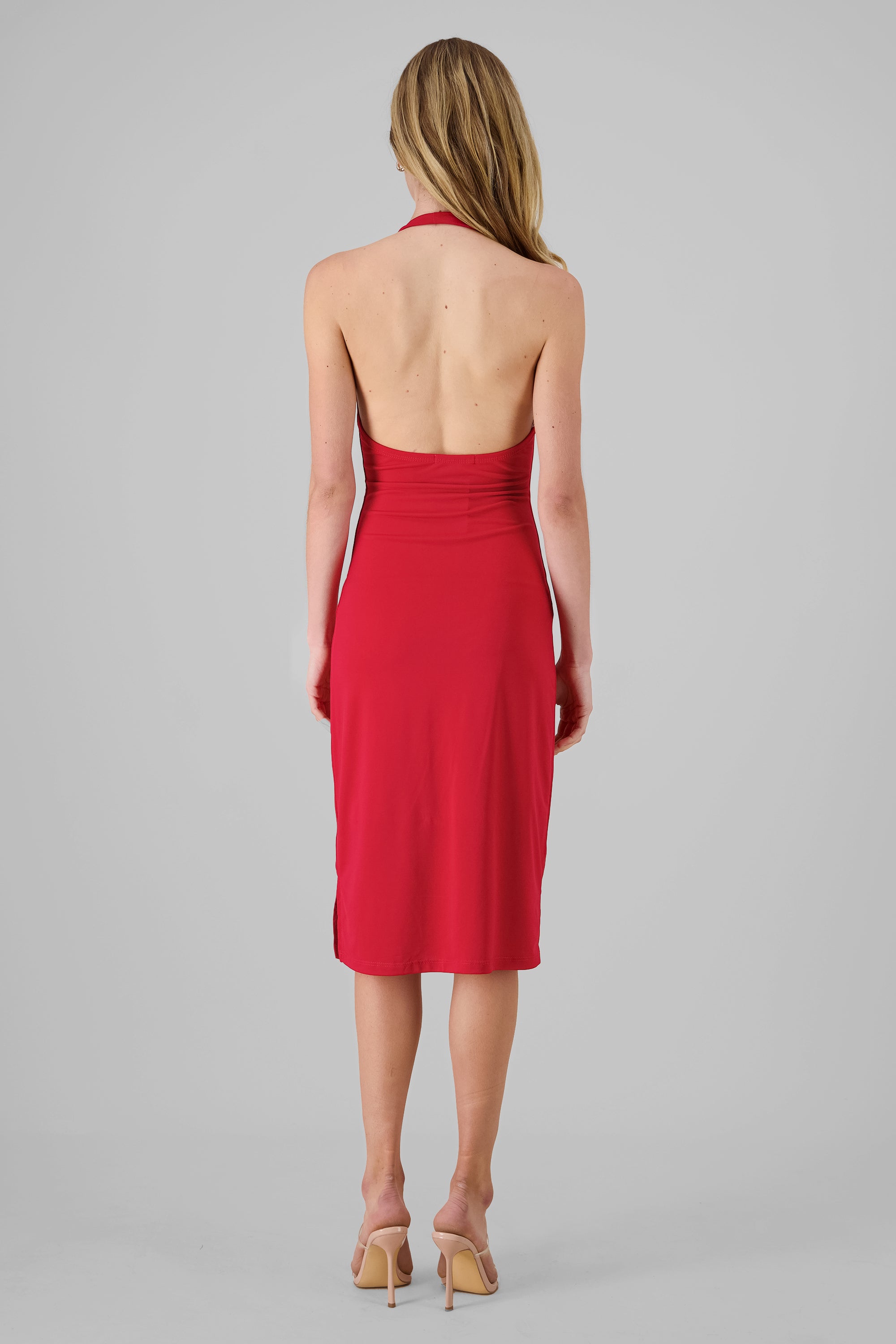 Vestido midi escote cascada ROJO