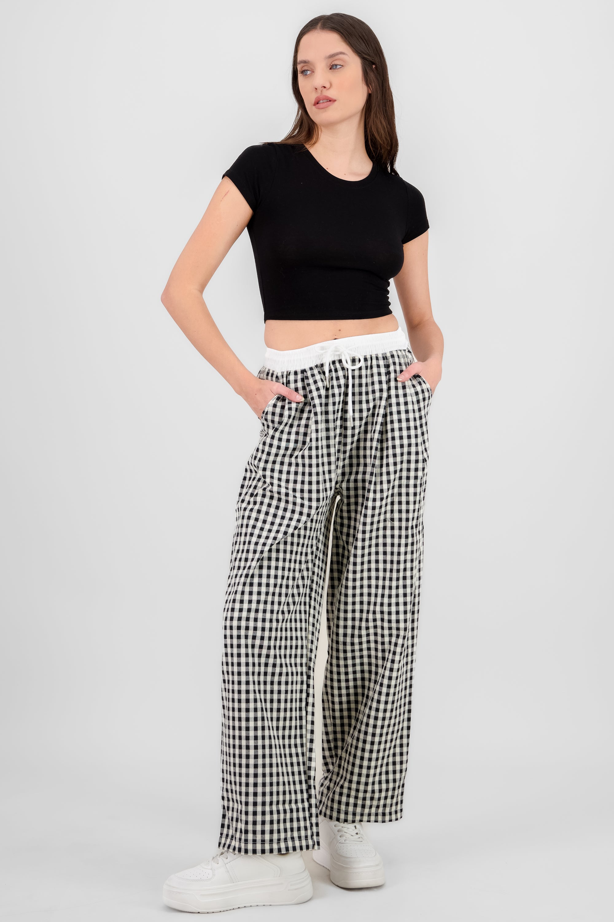 Pantalon recto mini cuadros NEGRO COMBO