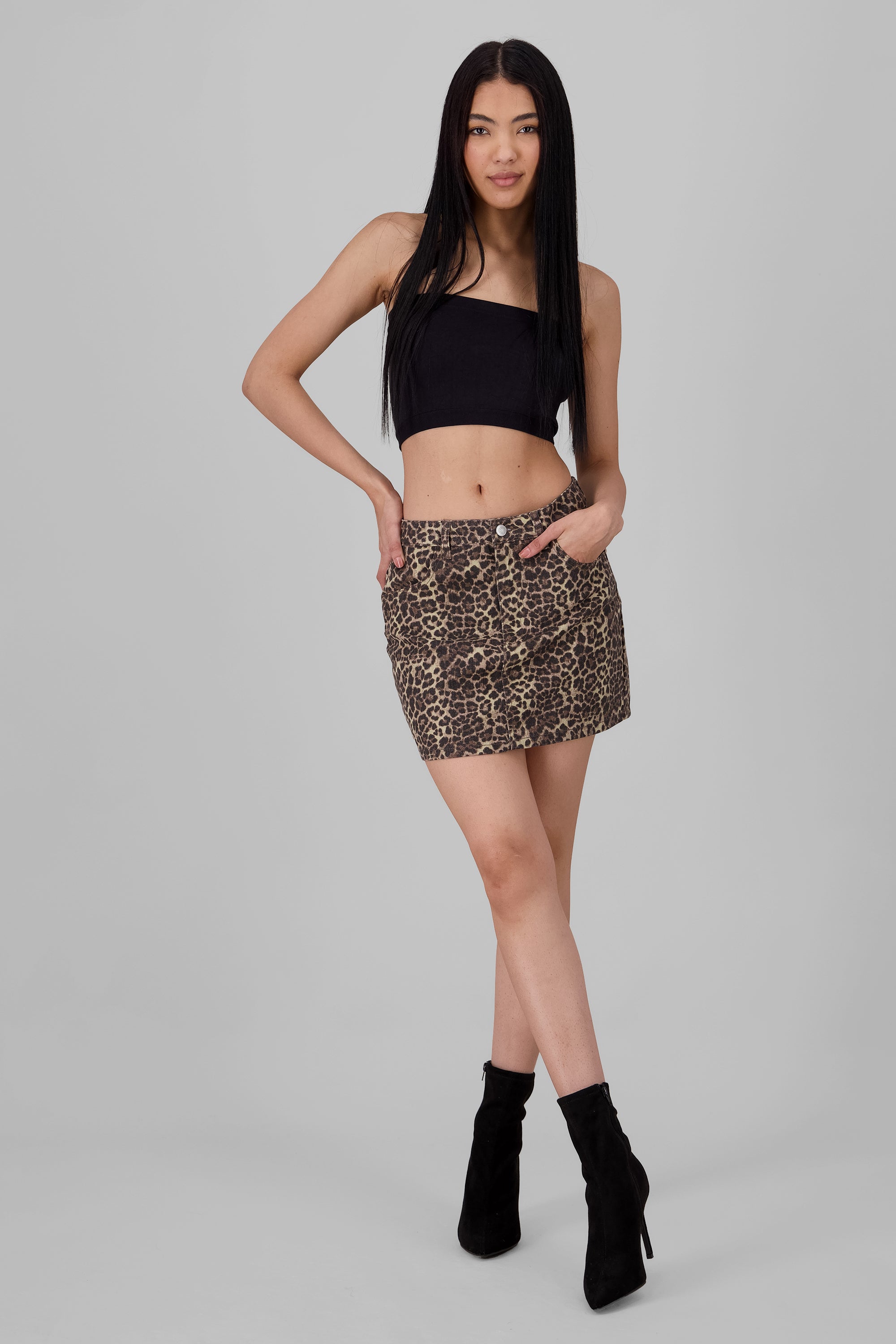 Falda mini denim estampado leopardo CAFE COMBO