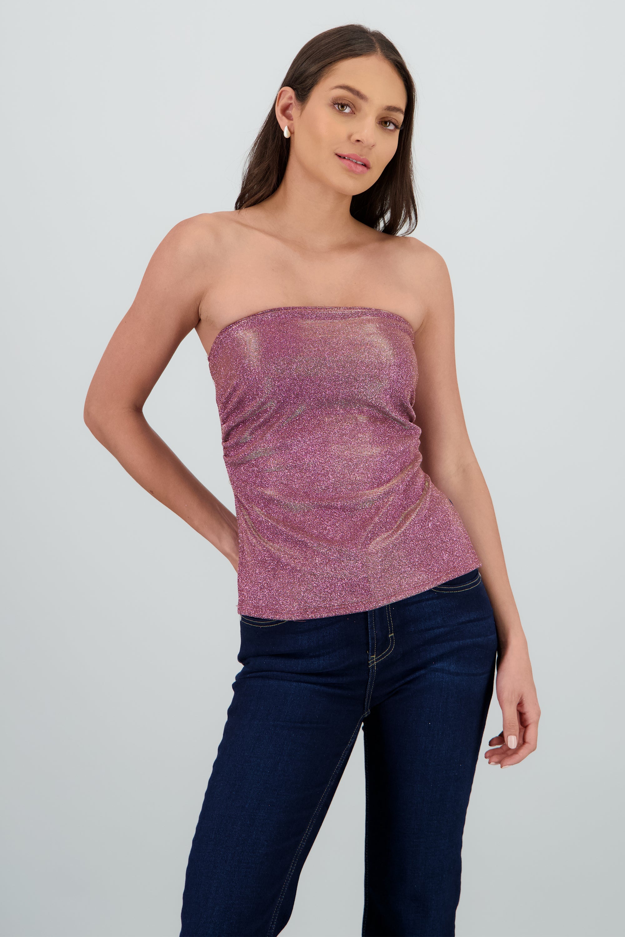 Top tubo abertura brillos ROSA PASTEL