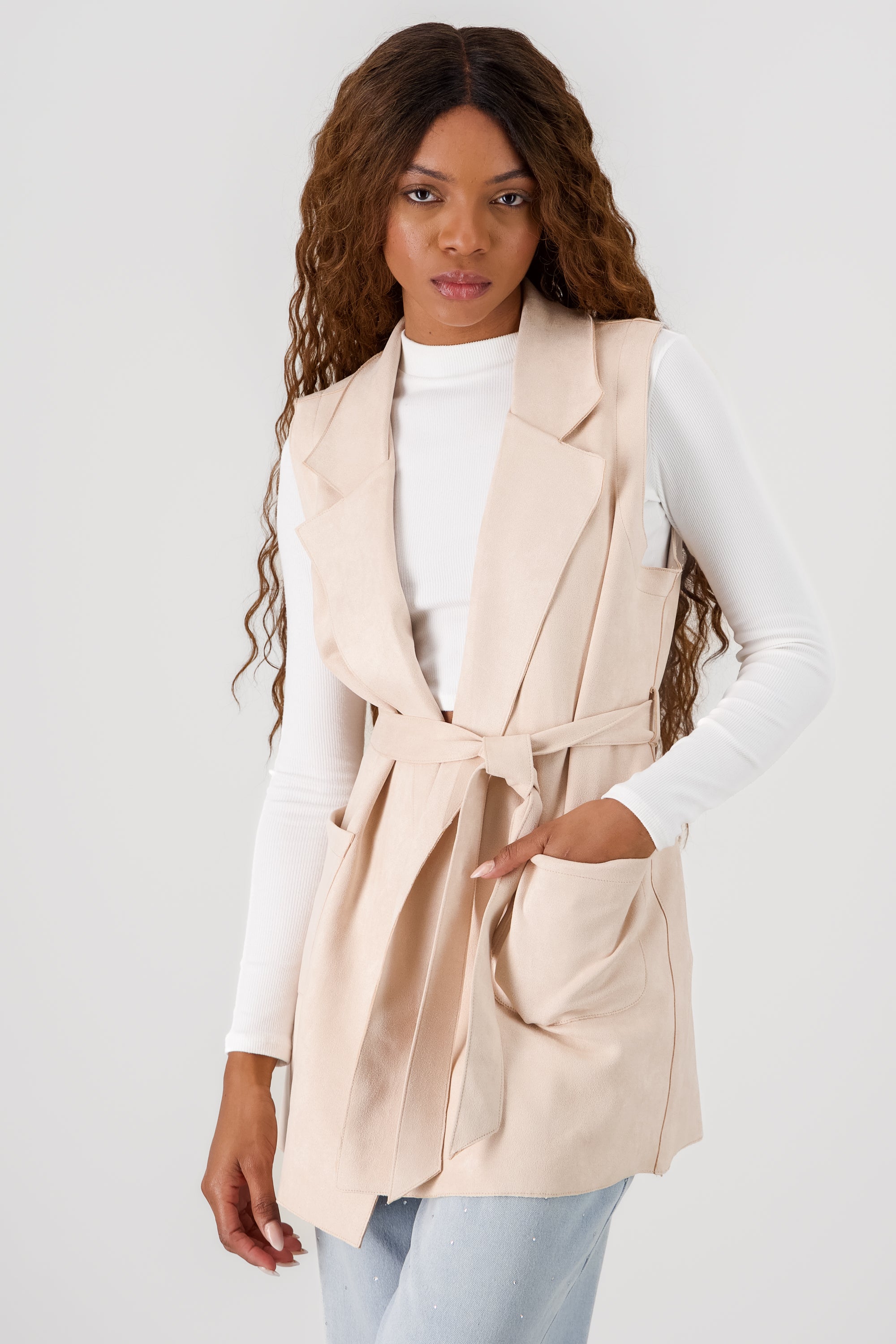 Saco largo gamuza detalle cinturon BEIGE