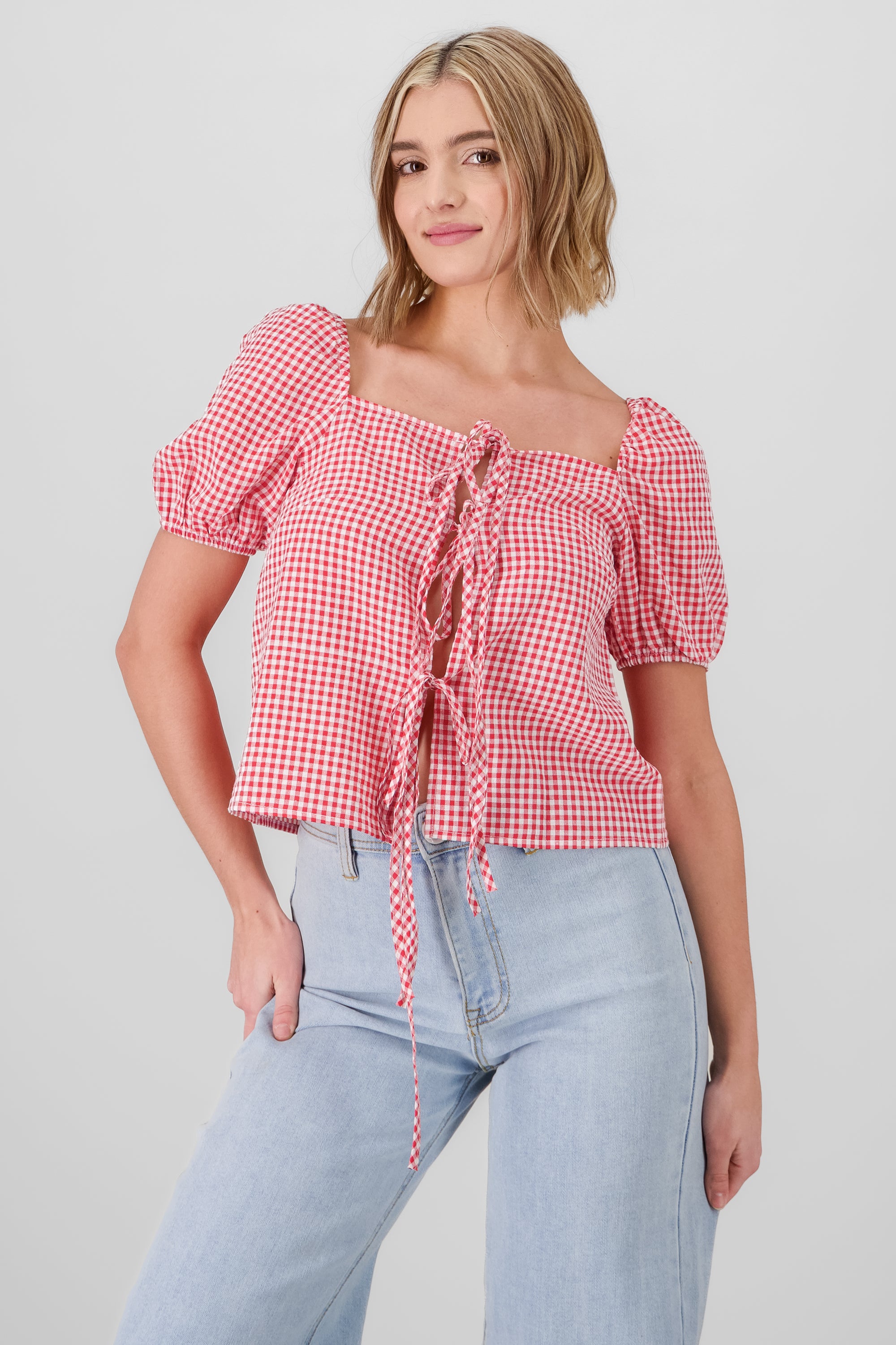 Camisa de mangas abullonadas y lazos al centro ROJO COMBO
