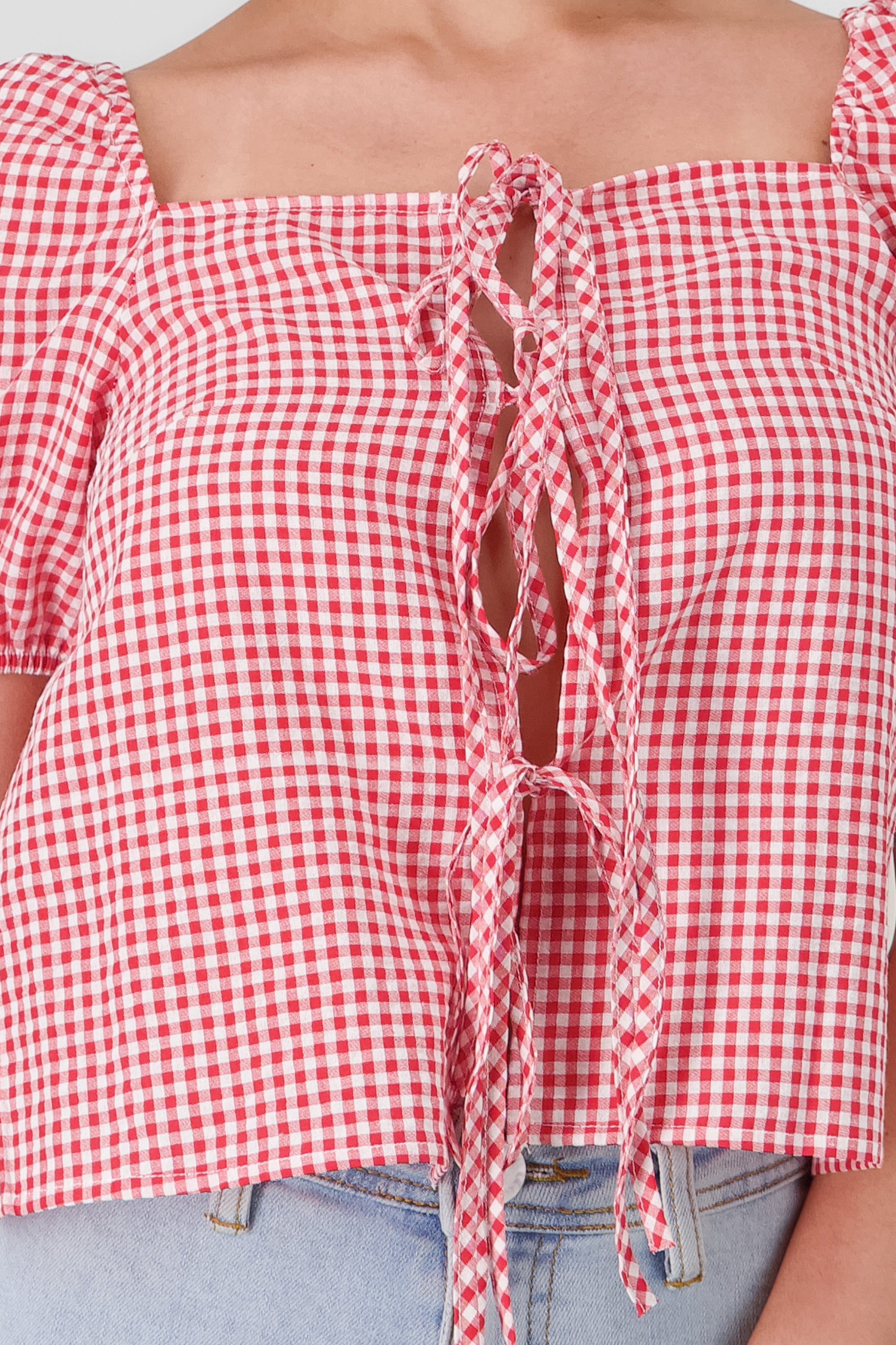 Camisa de mangas abullonadas y lazos al centro ROJO COMBO