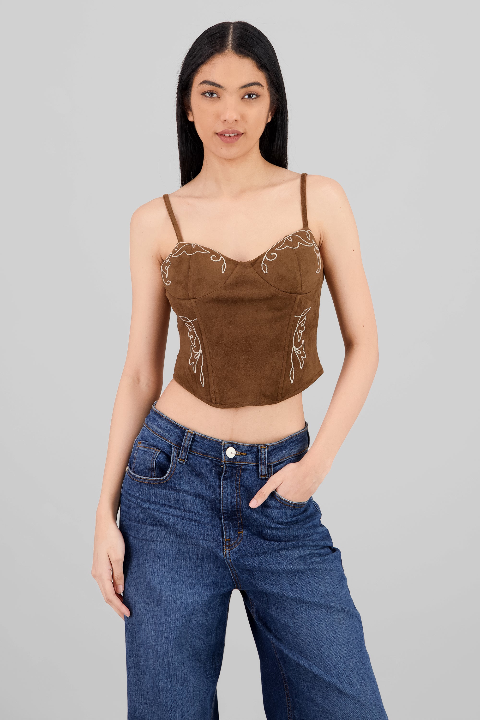 Blusa corset gamuza detalle bordado CAFE