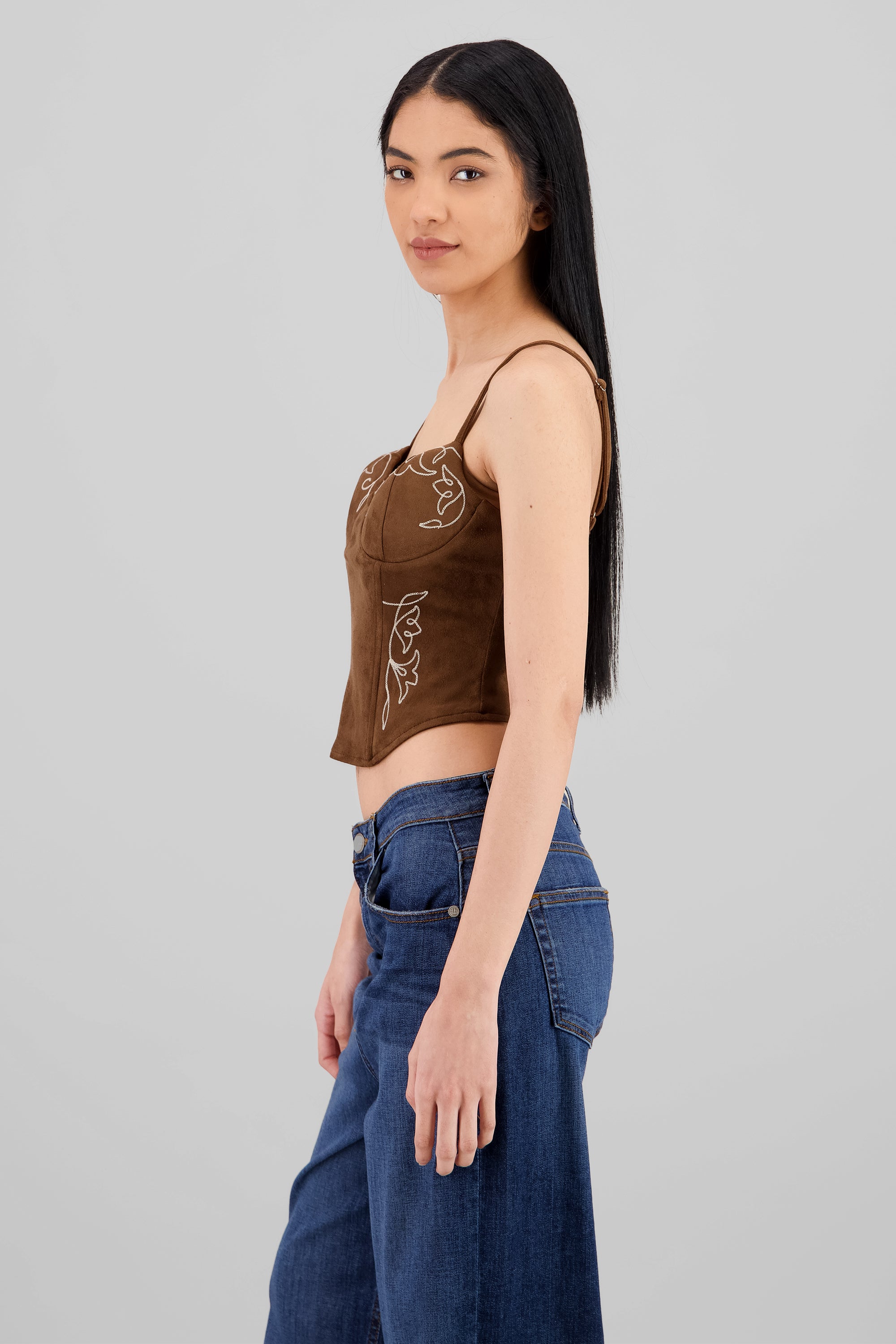 Blusa corset gamuza detalle bordado CAFE