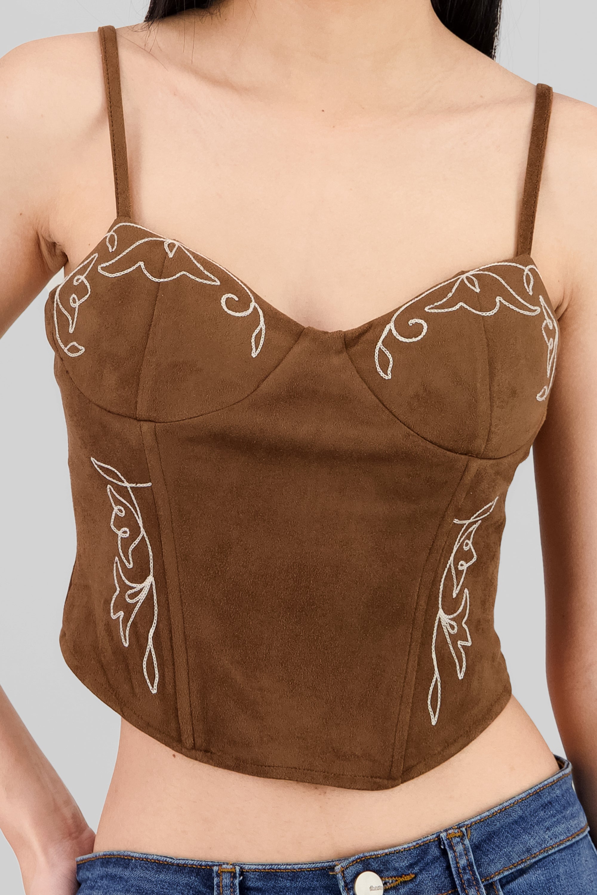 Blusa corset gamuza detalle bordado CAFE