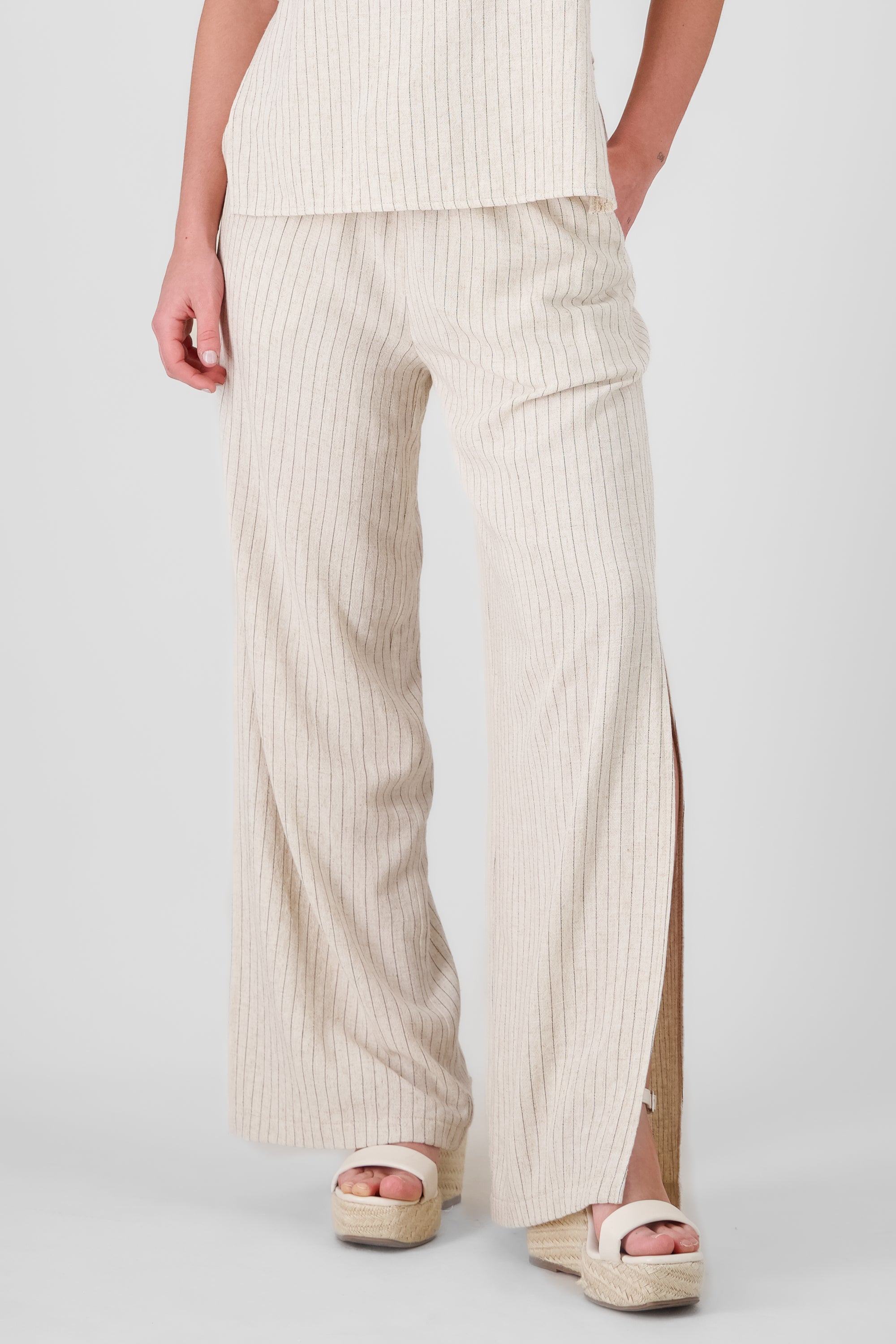 Pantalon rayas lino HUESO COMBO